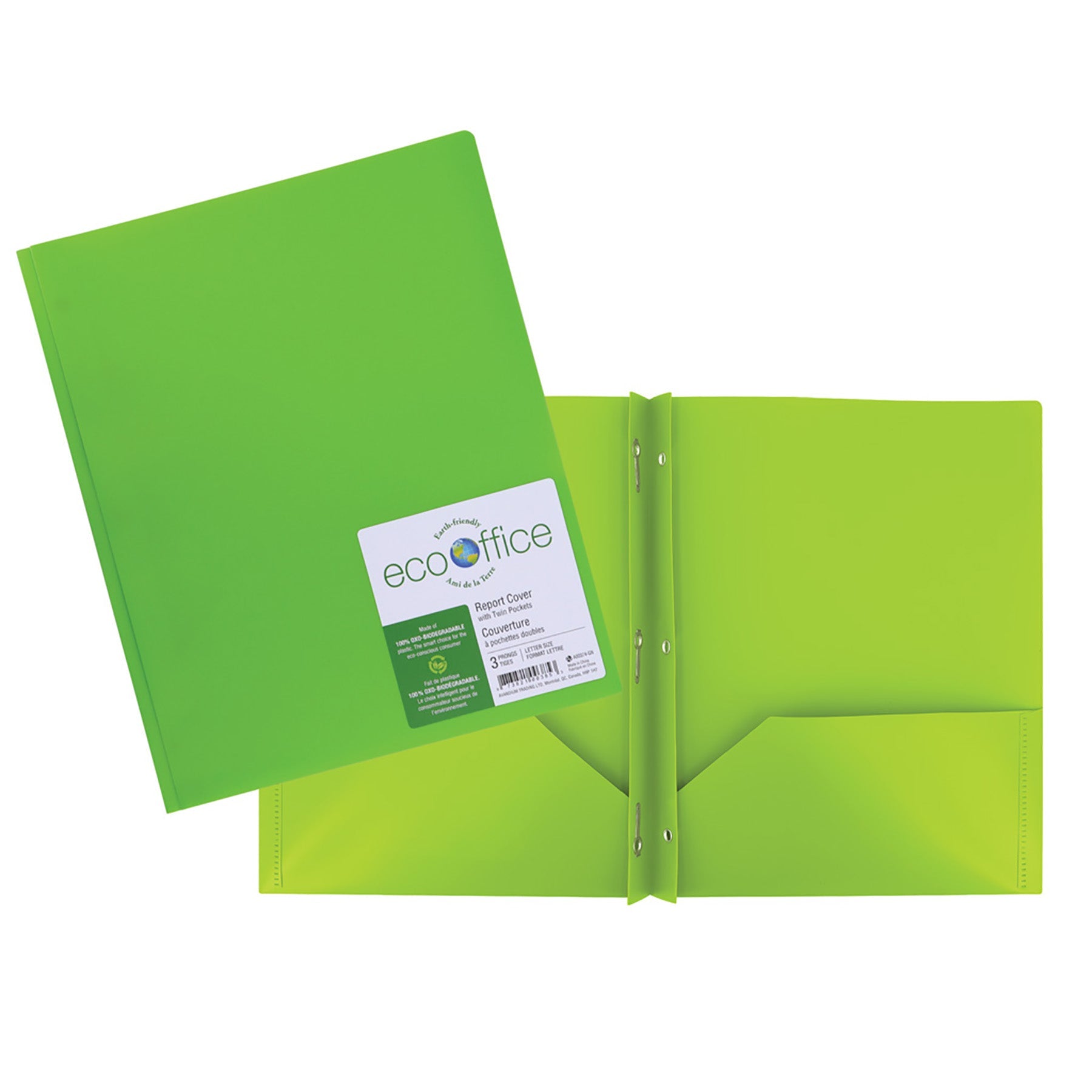 EcoOffice 3-Prong Report Cover 2 Pockets Green Plastic 11.25x9.25in