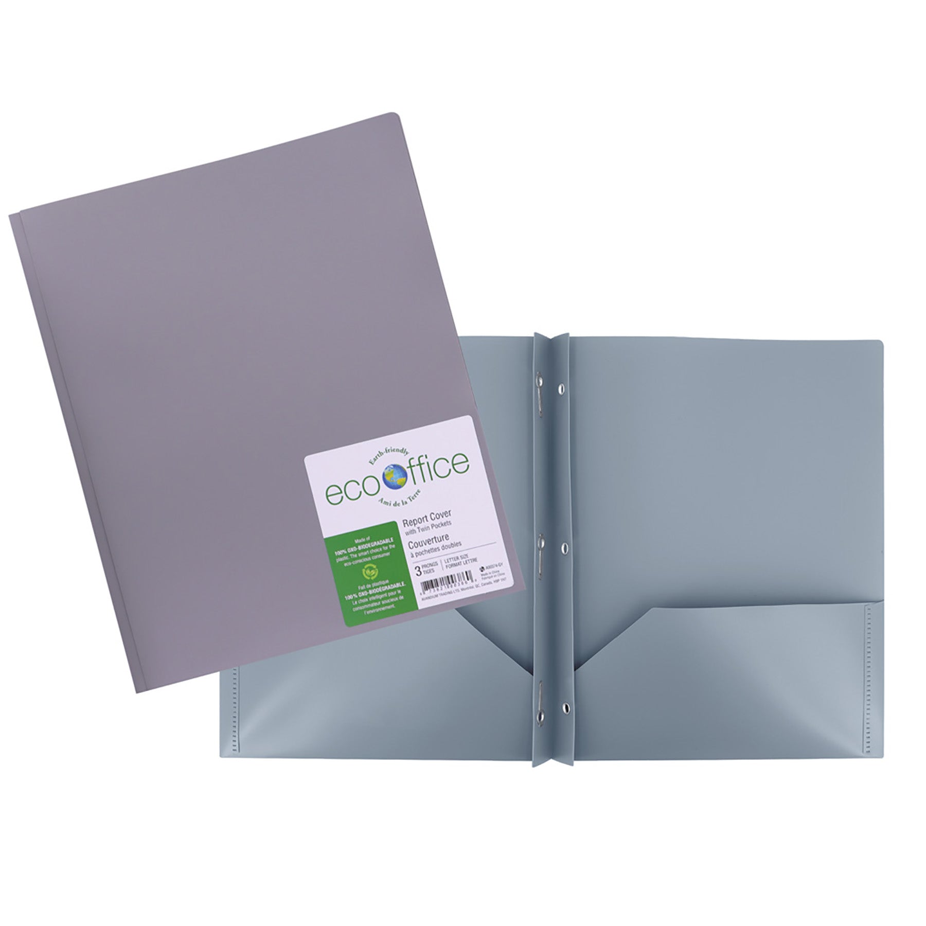 EcoOffice 3-Prong Report Cover 2 Pockets Grey Plastic 11.25x9.25in