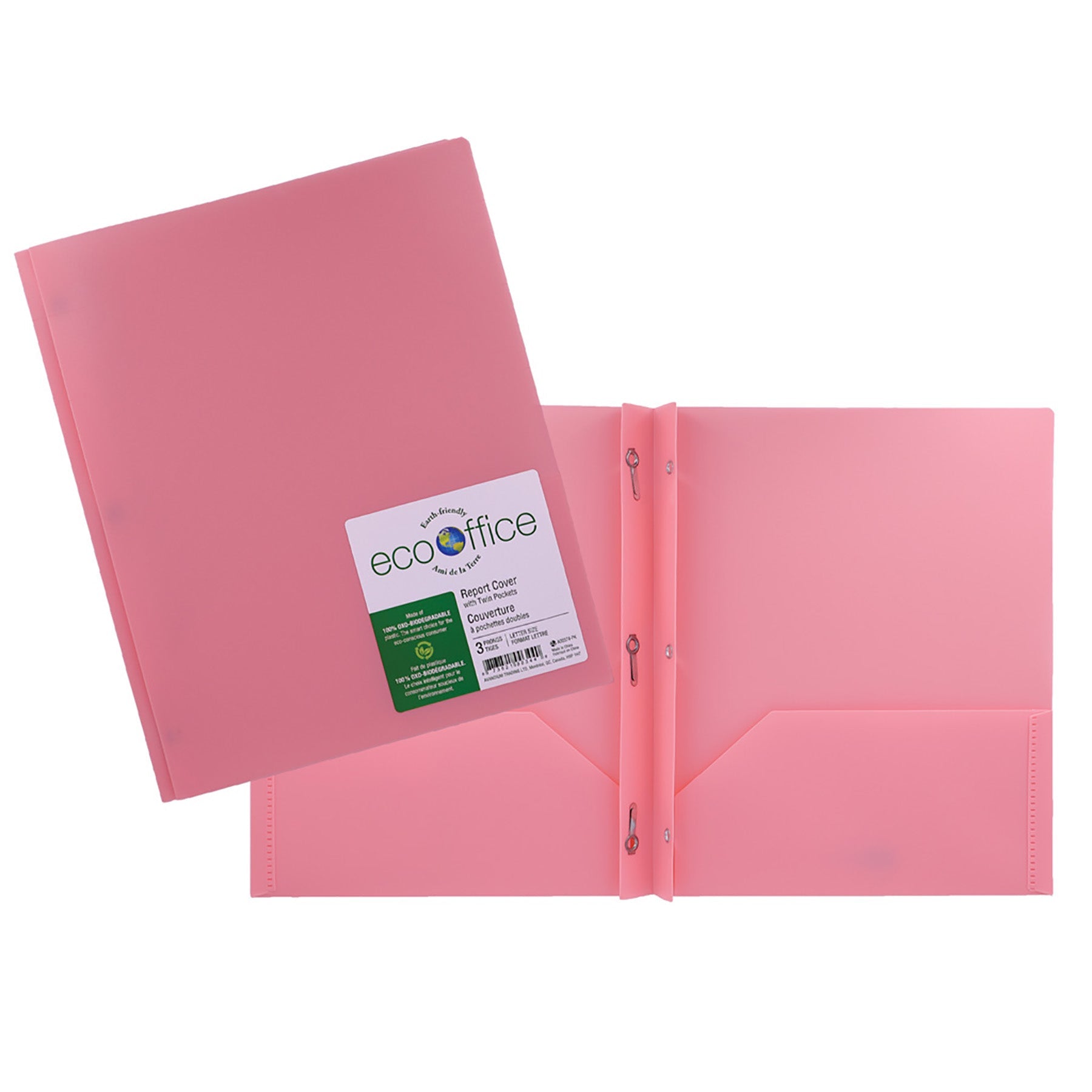 EcoOffice 3-Prong Report Cover 2 Pockets Pink Plastic 11.25x9.25in