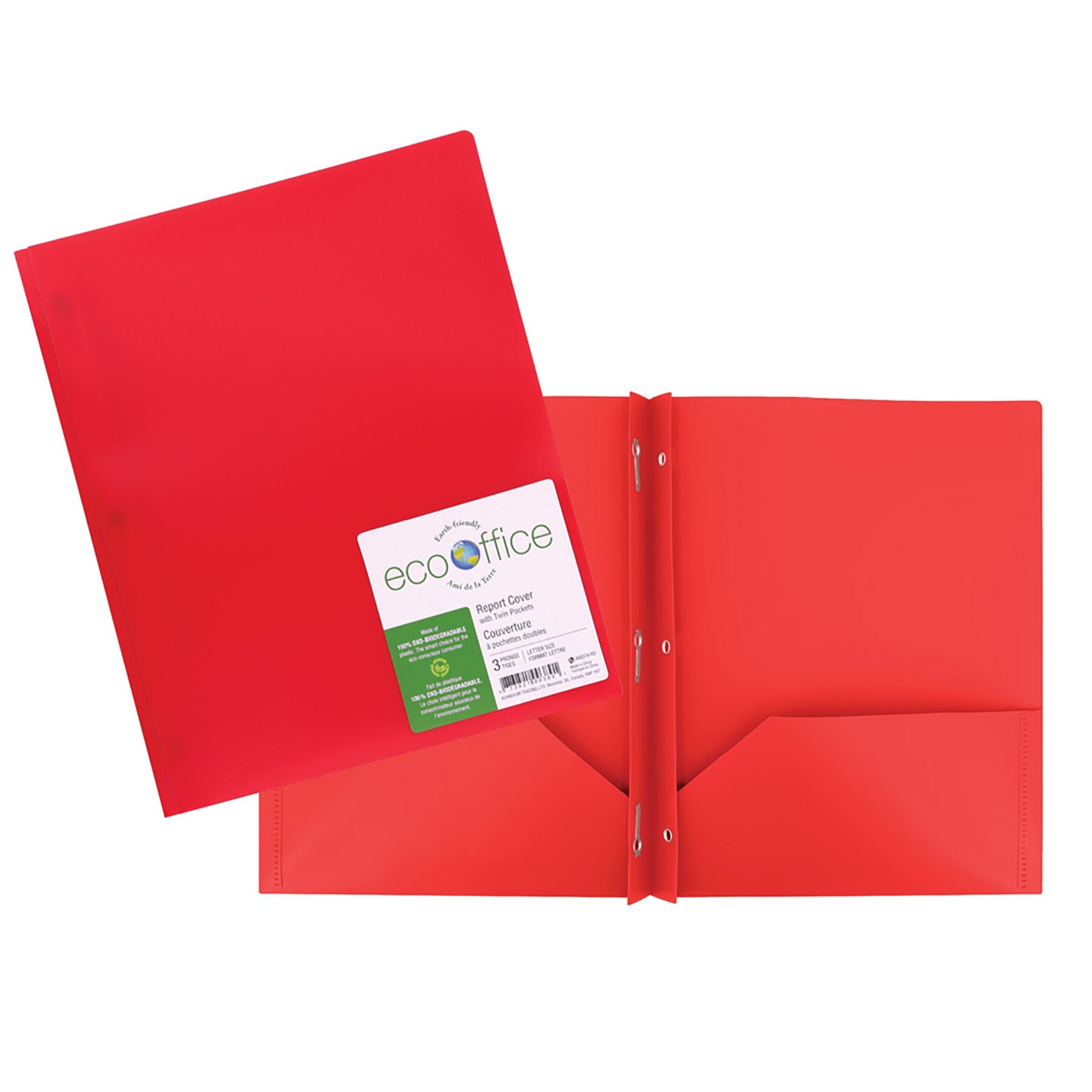 EcoOffice 3-Prong Report Cover 2 Pockets Red Plastic 11.25x9.25in