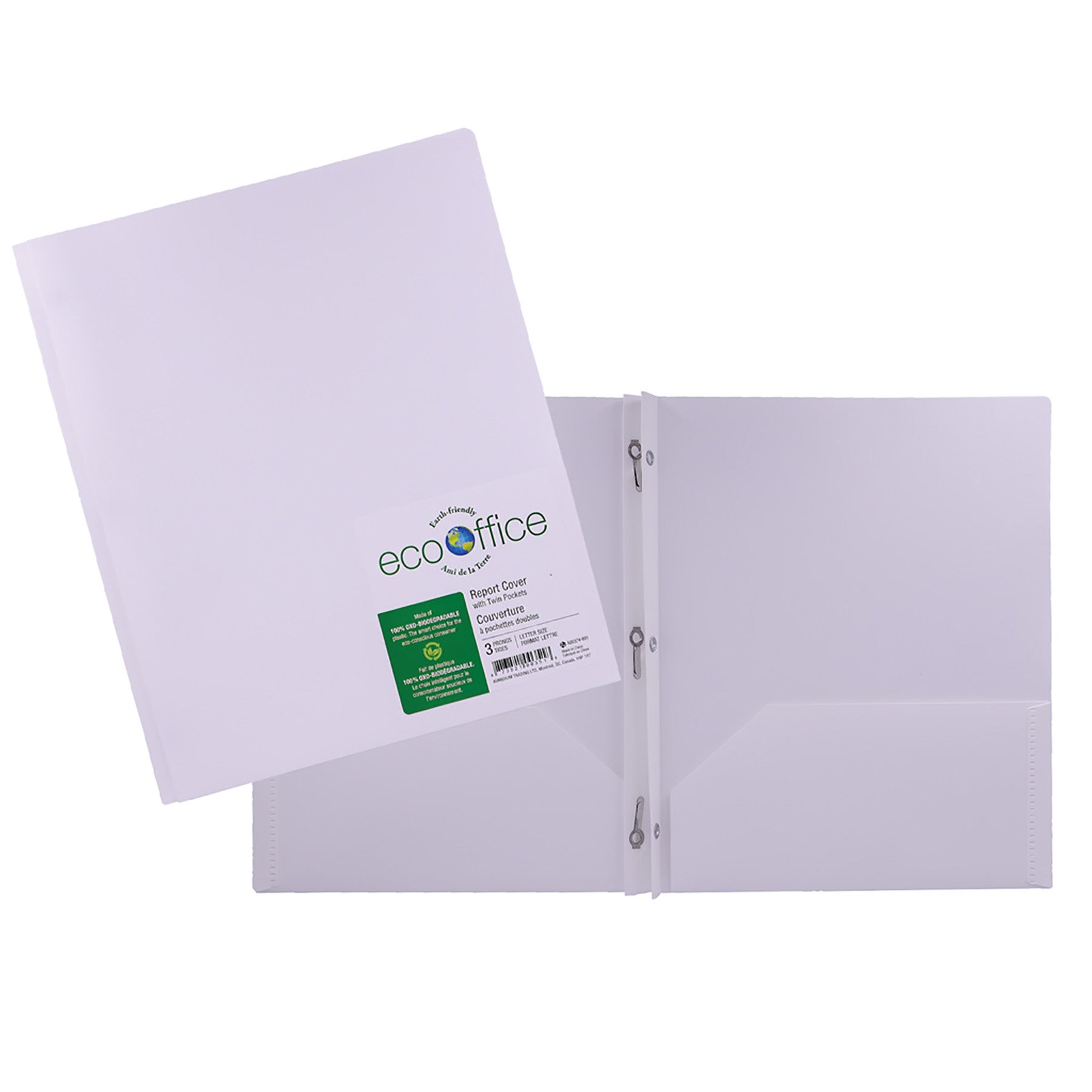 EcoOffice 3-Prong Report Cover 2 Pockets White Plastic 11.25x9.25in