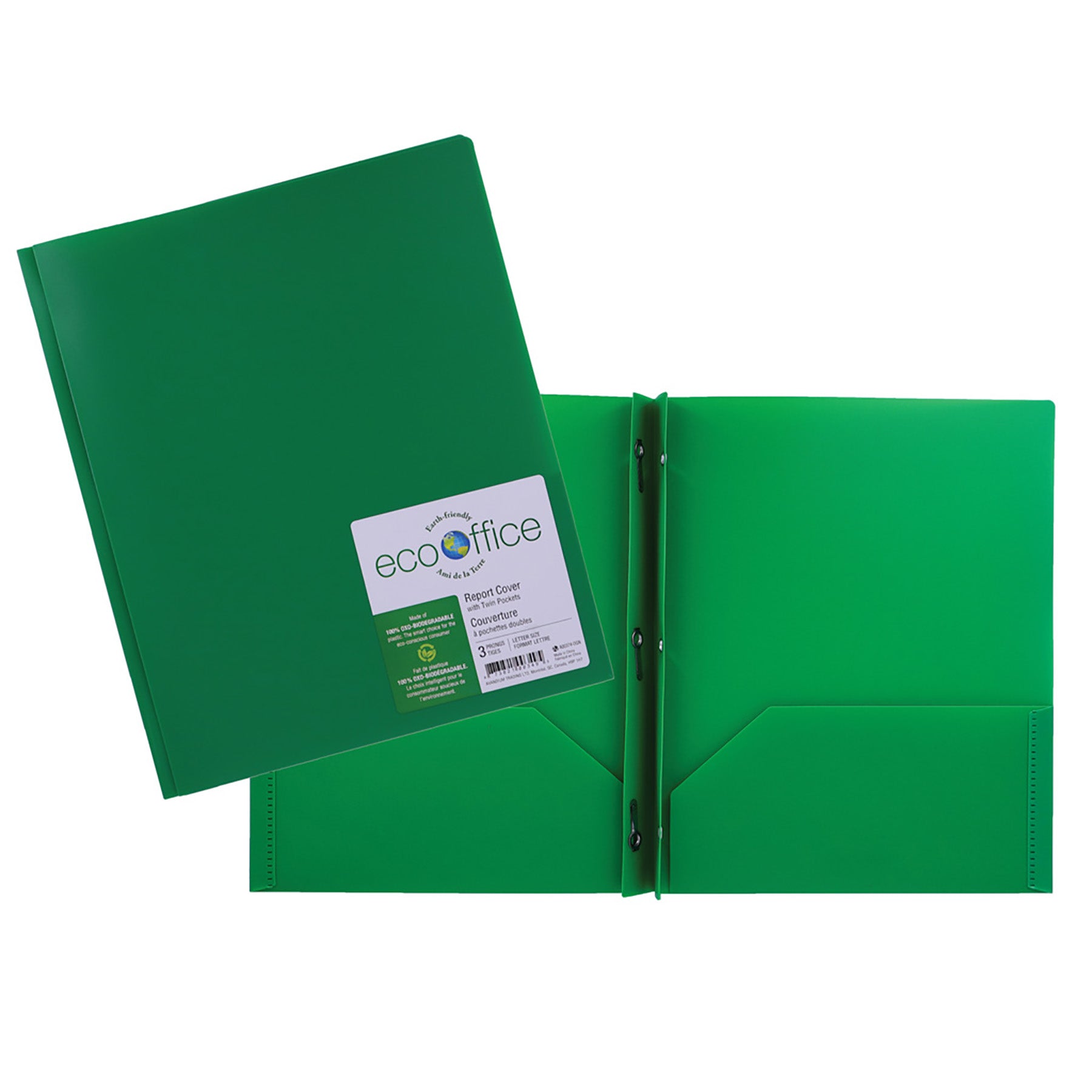 EcoOffice 3-Prong Report Cover 2 Pockets Dark Green Plastic 11.25x9.25in
