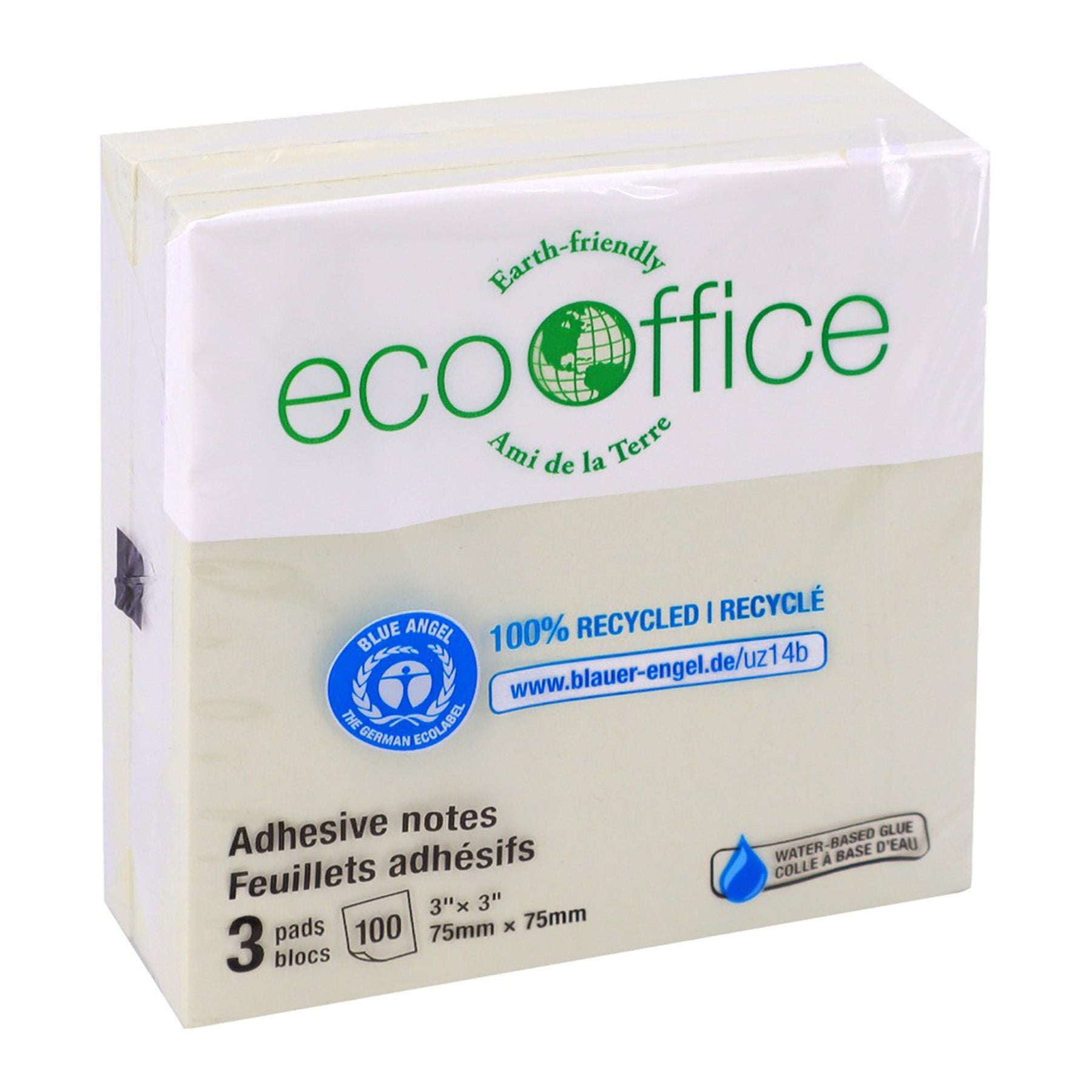 EcoOffice 3x100 Sheets Adhesive Notes Yellow 3x3in