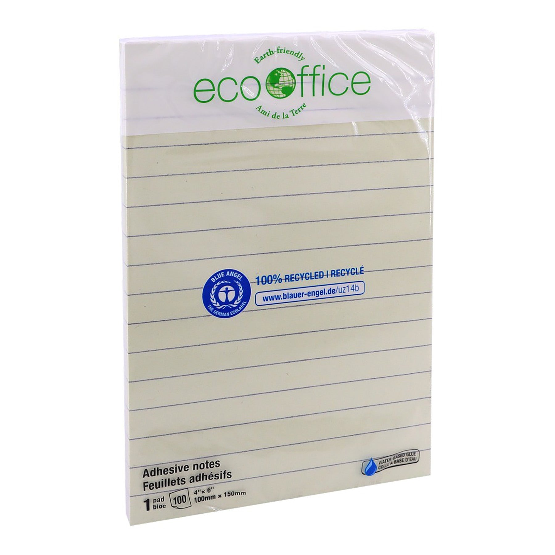 EcoOffice 100 Sheets Adhesive Notes Lined Yellow 4x6in 
