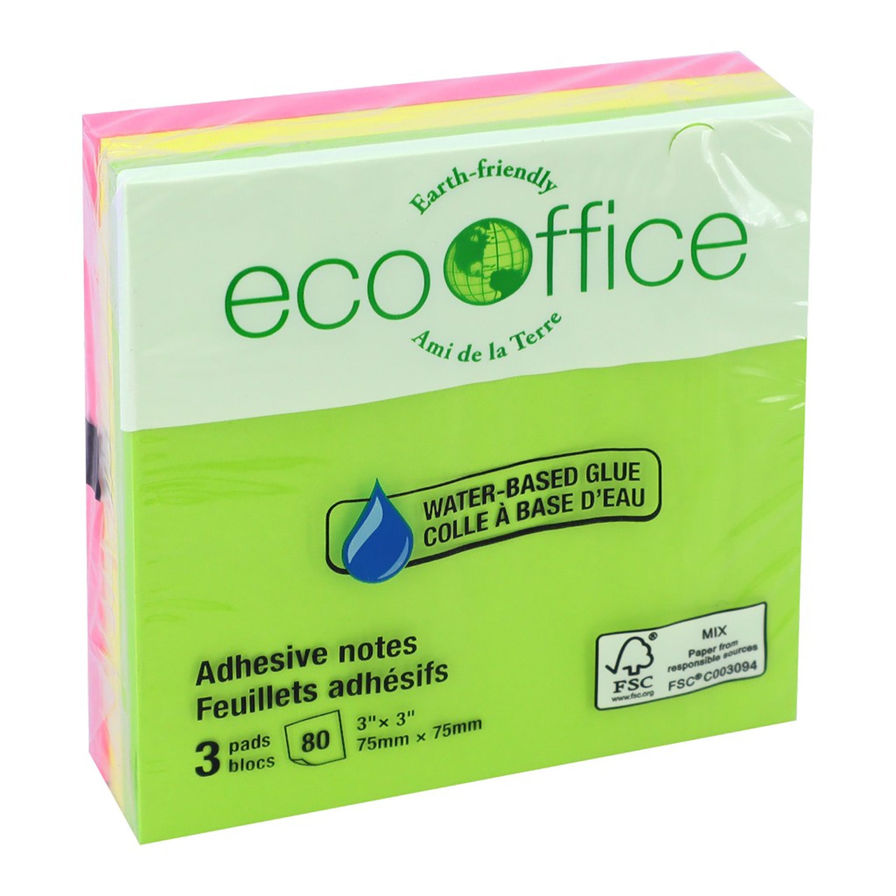 EcoOffice 3x80 Sheets Adhesive Notes Neon 3x3in