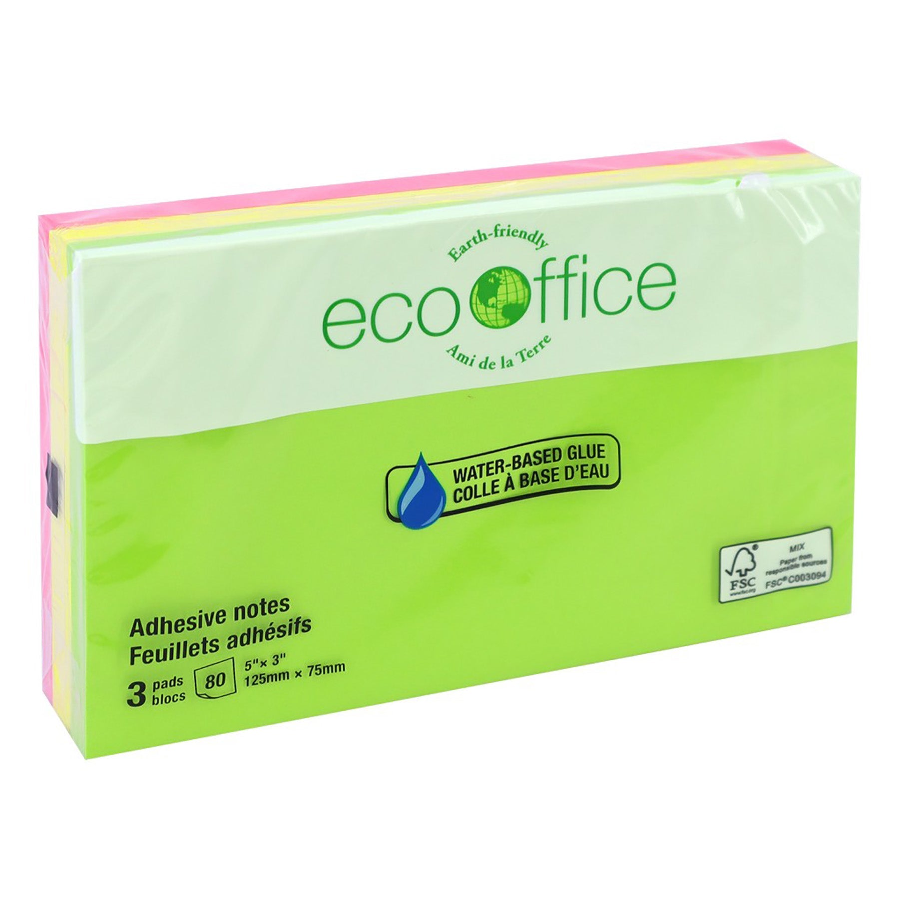 EcoOffice 3x80 Sheets Adhesive Notes Neon 5x3in