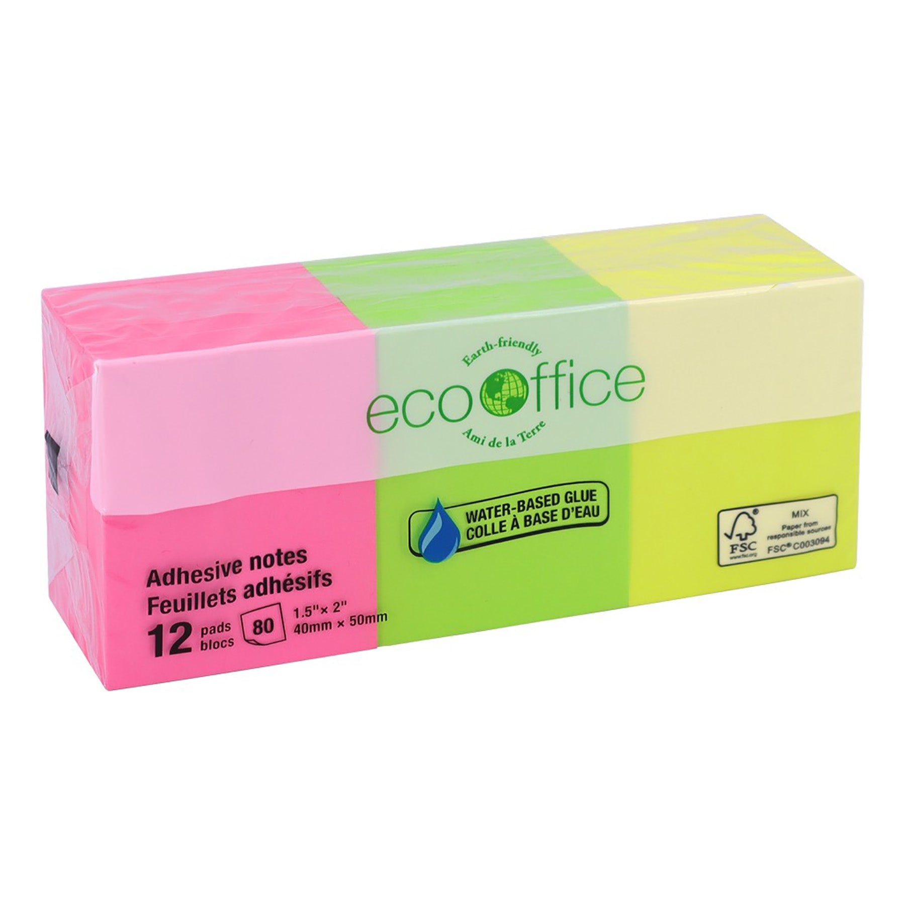 EcoOffice 12x80 Sheets Adhesive Notes Neon 1.5x2in