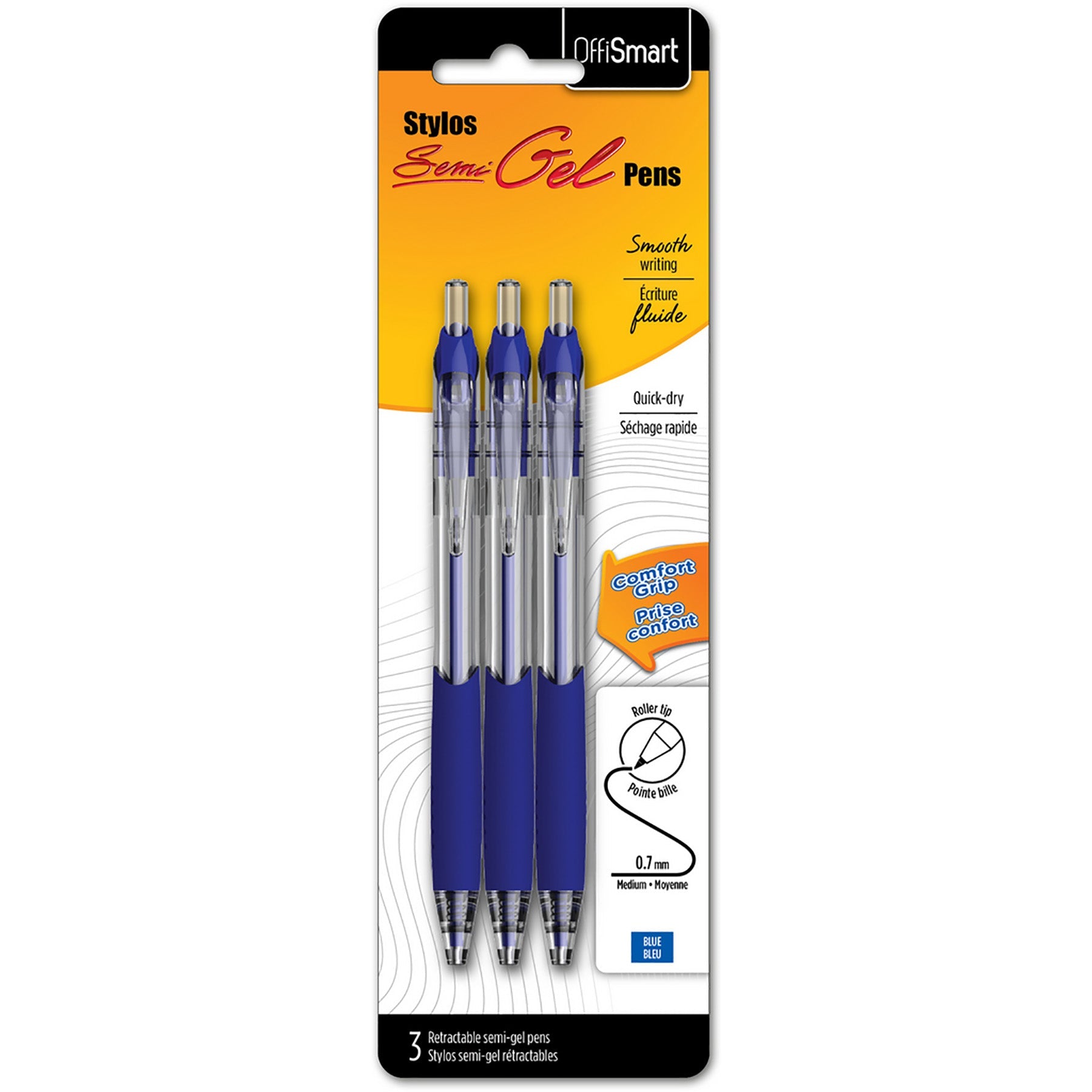 Offismart 3 Smooth Gel Retractable Pens Blue Ink 0.7mm