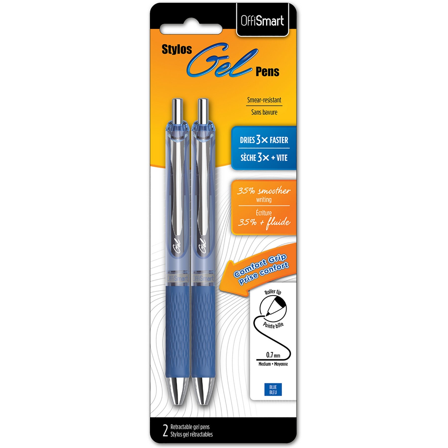 Offismart 2 Soft Grip Retractable Gel Pens Blue Ink 0.7mm
