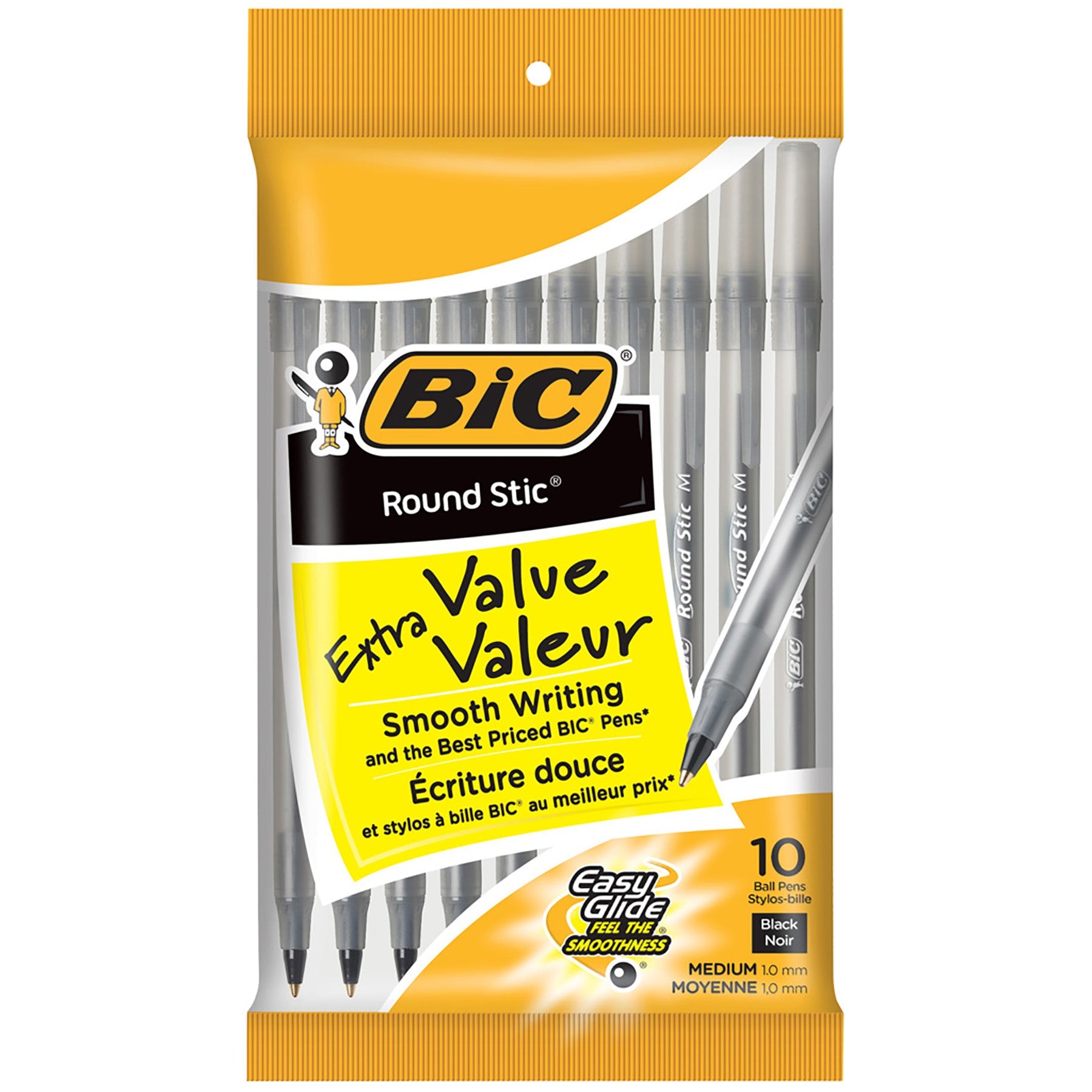 Bic 10 Ball Pens Black Ink Round Stick 1.0mm
