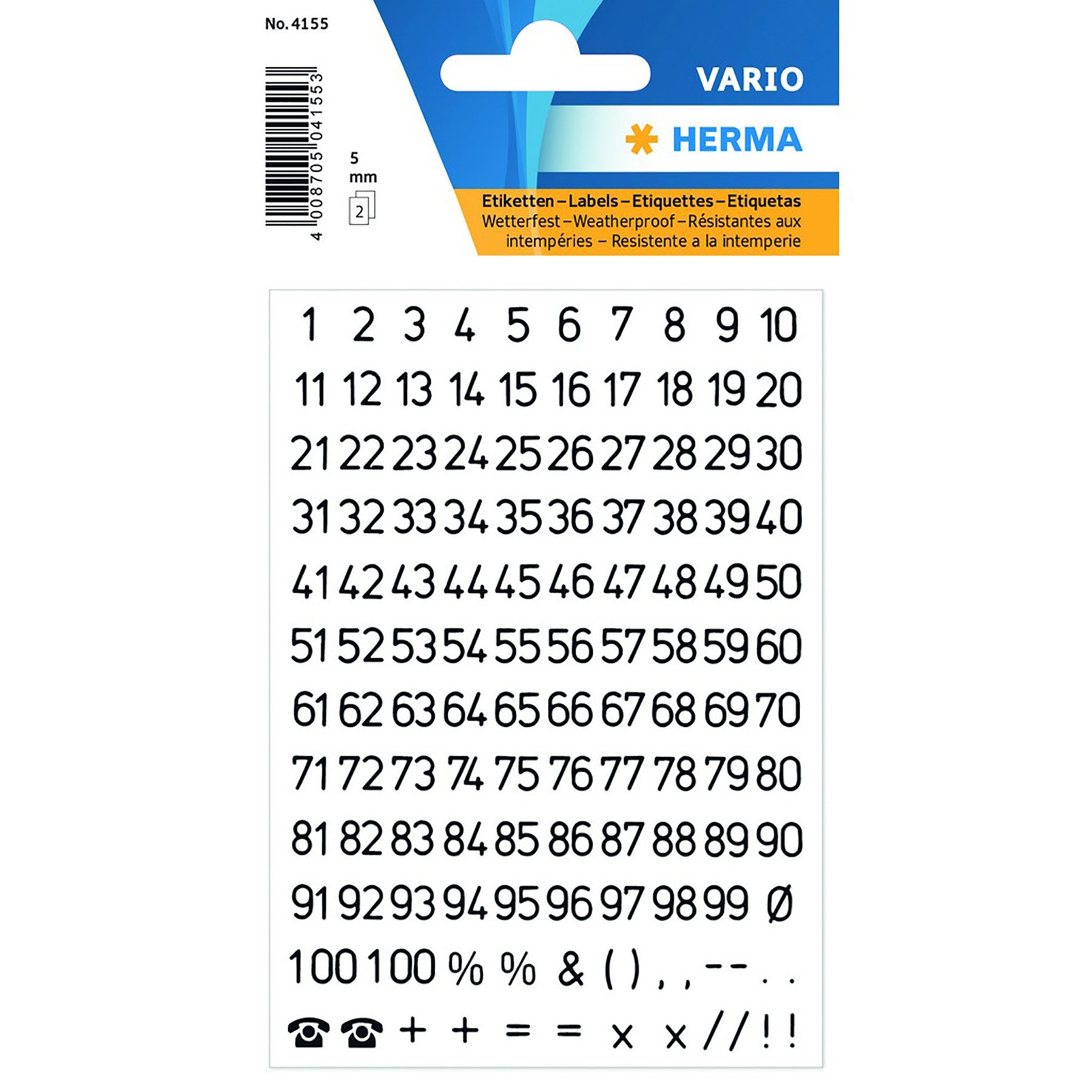 Herma Vario 2 Sheets Numbers  Black 0 to 100 0.2in each