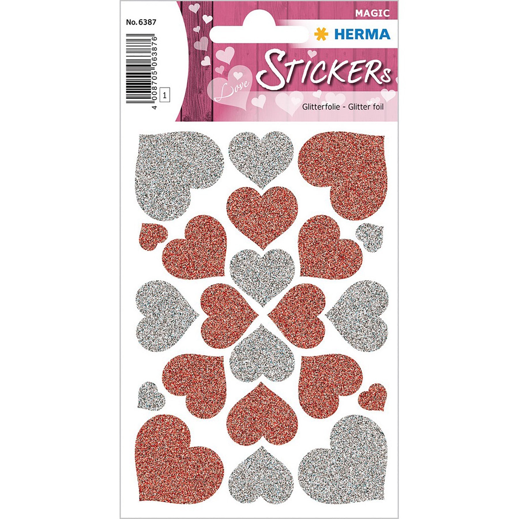 Herma Magic Stickers Hearts Red and Silver Glittery 4.75x3.1in Sheet