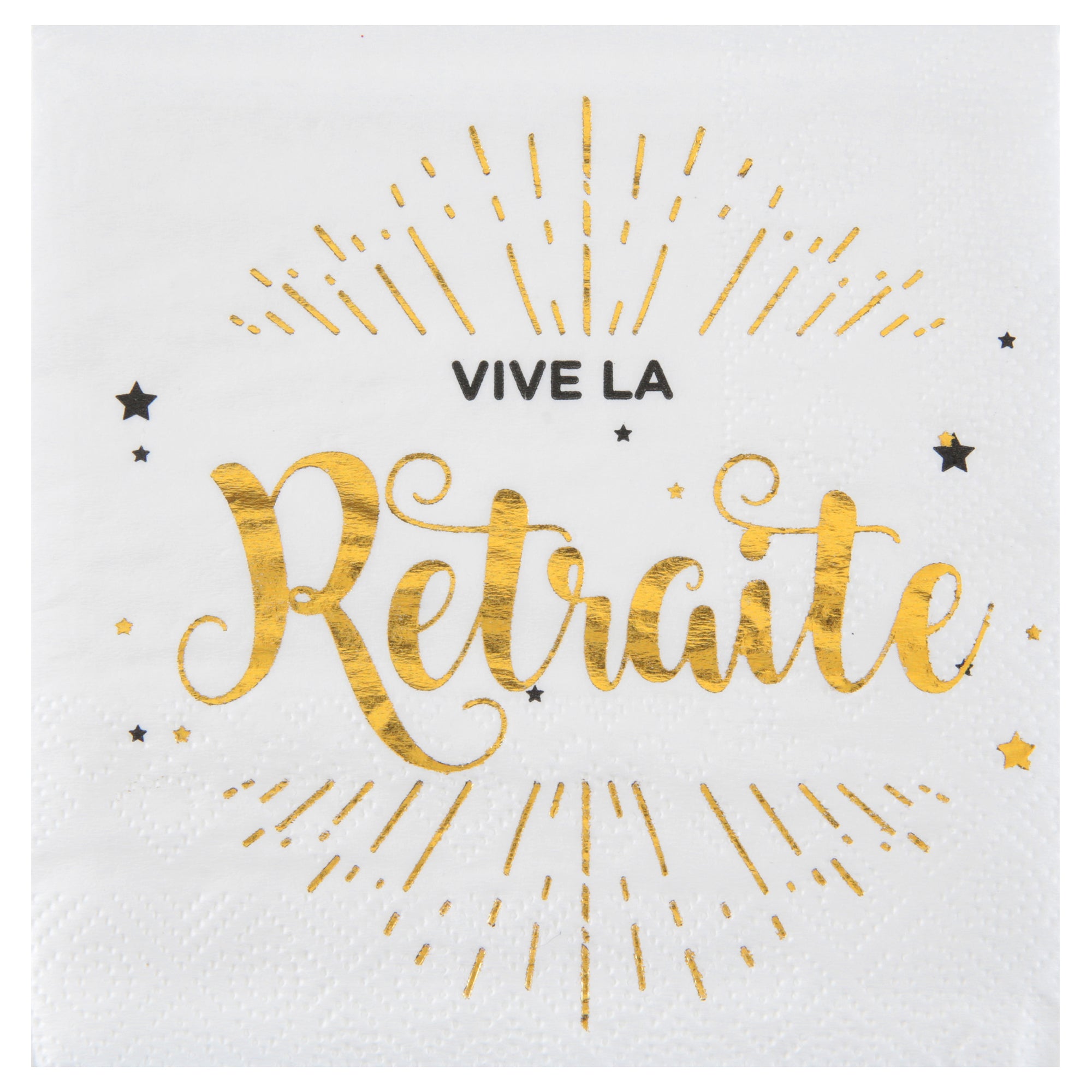 Vive La Retraite 20 Beverage Napkins White and Gold 10x10in