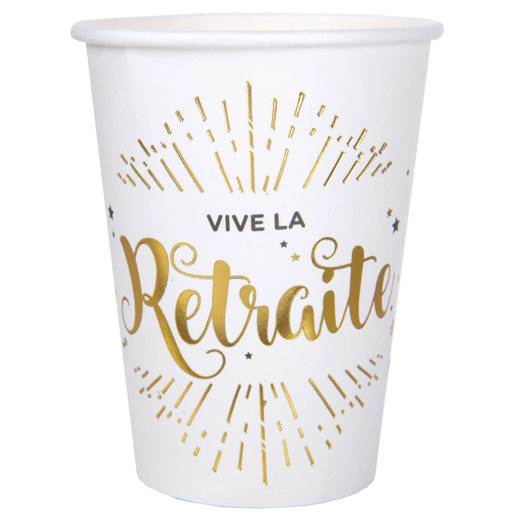 Vive La Retraite 10 Paper Cups White and Gold 9oz