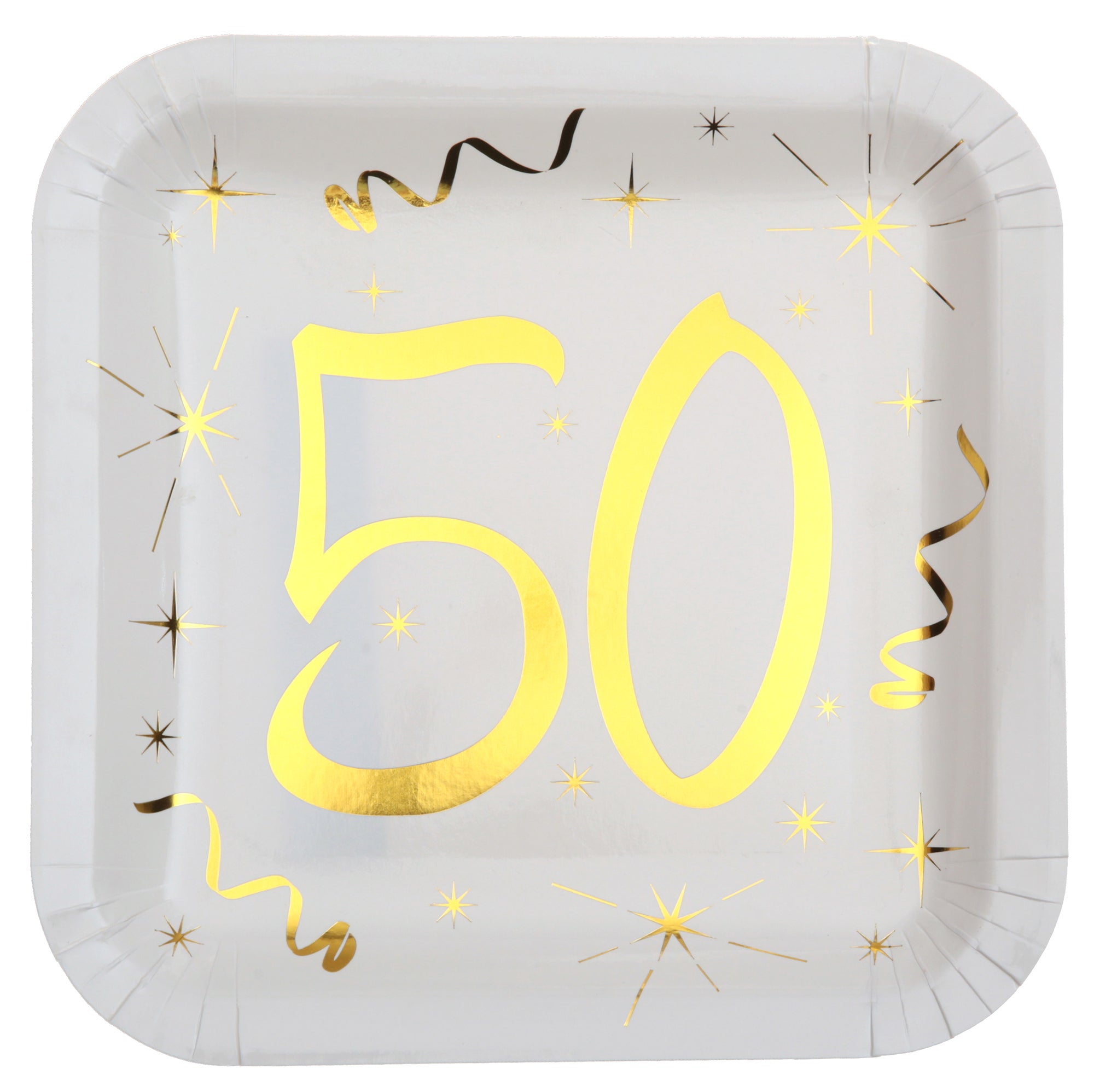 Age 50 10 Square Paper Plates White and Gold 9x9in
