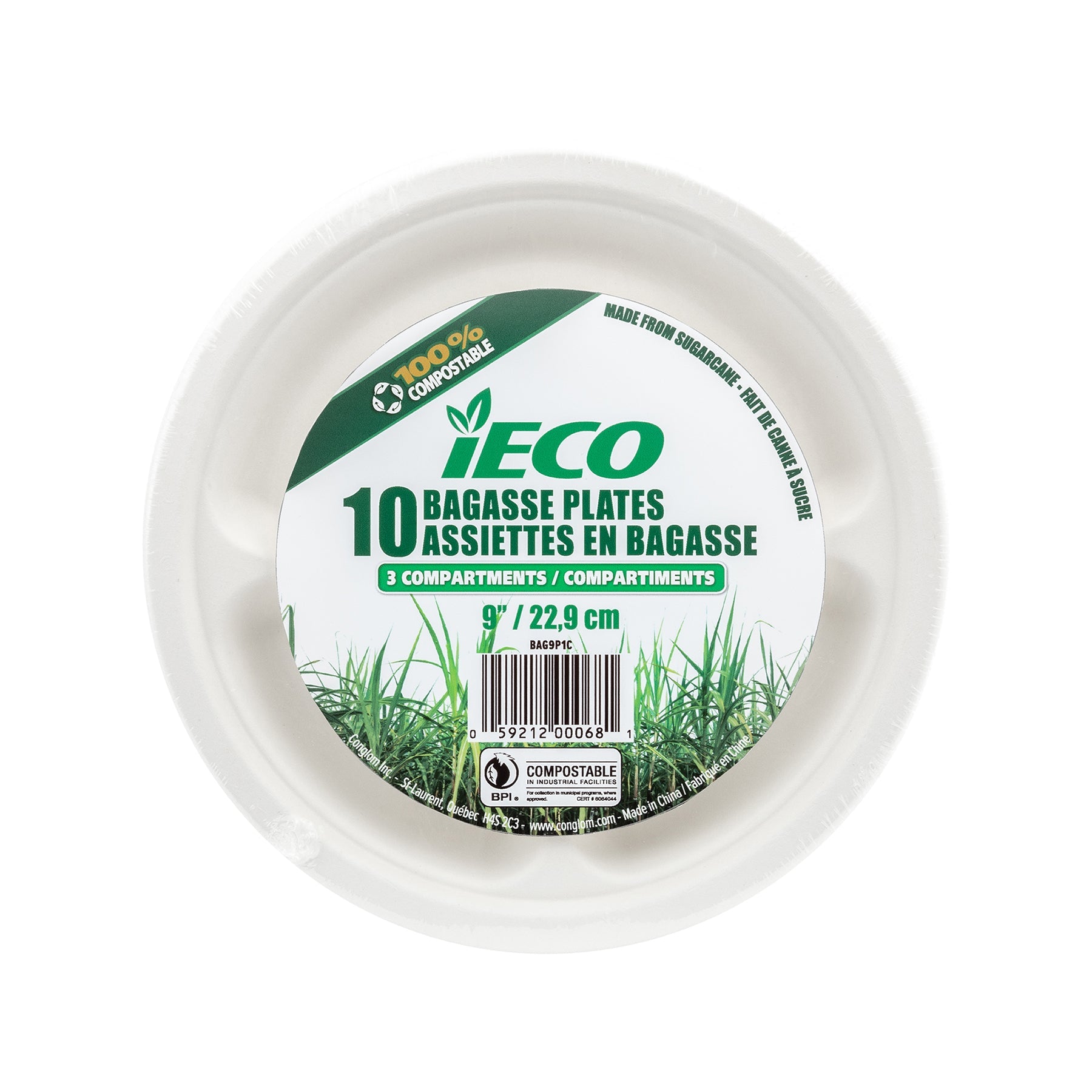 iEco 10 Bagasse Plates with 3 Compartments 9in