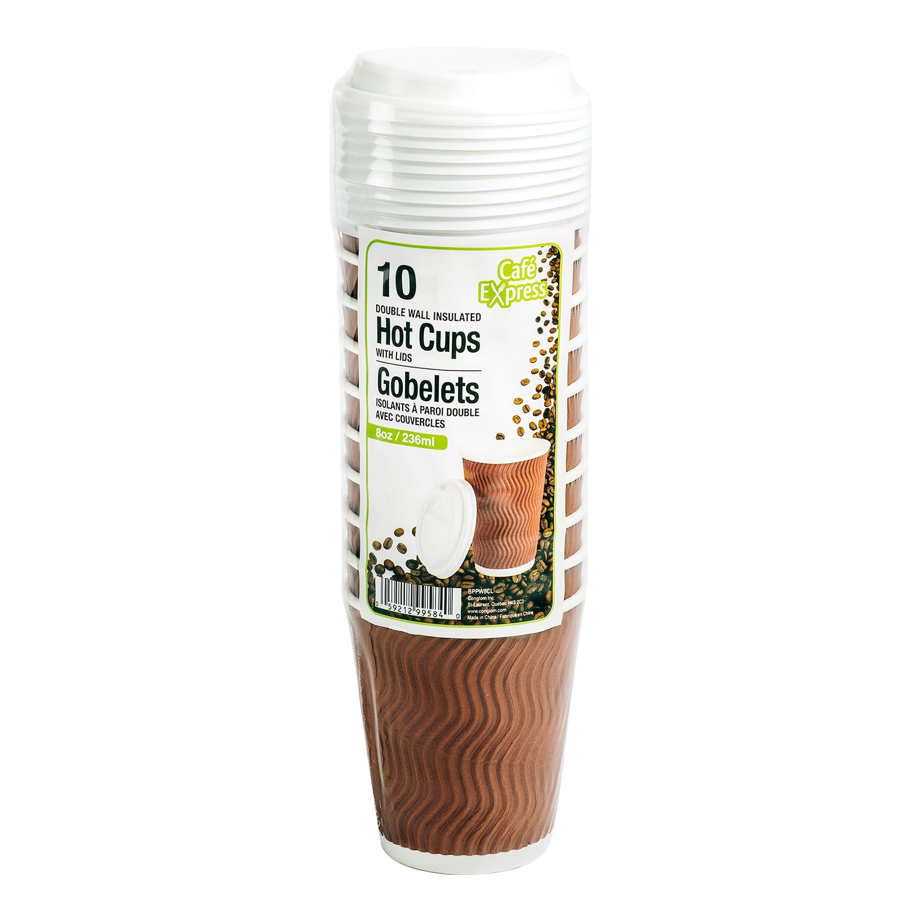 Café Express 10 Paper Cups and Plastic Lids Double Walls Insulated Wave Ripples 8oz
