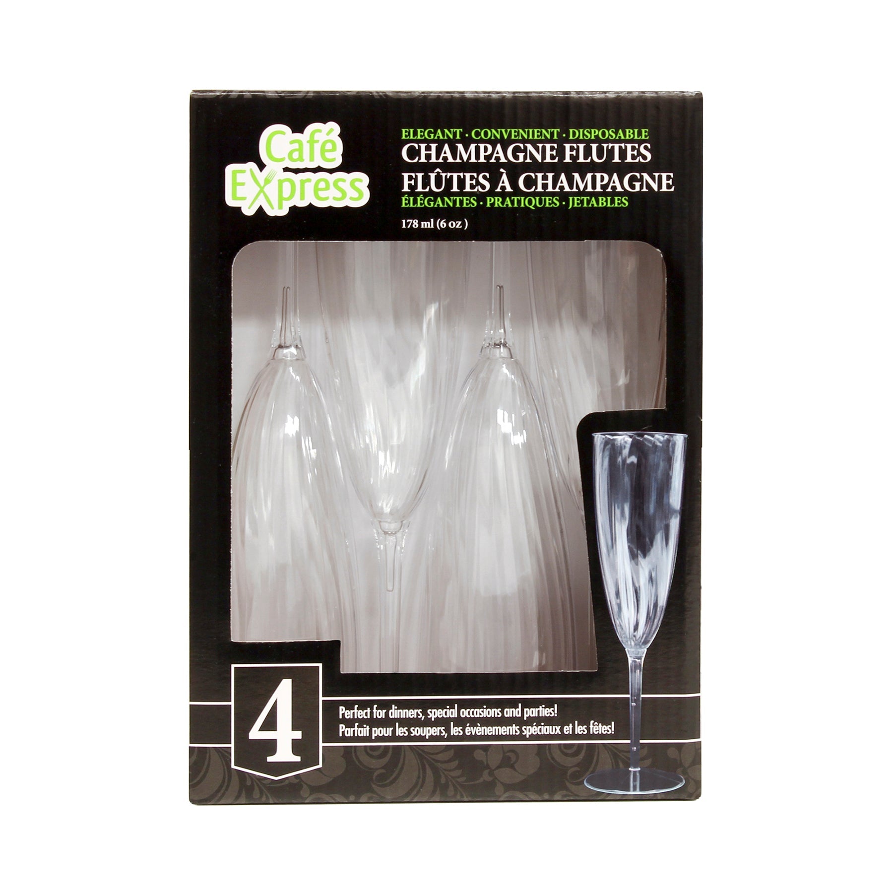 Café Express 4 Champagne Flutes Elegant Clear Plastic 6oz