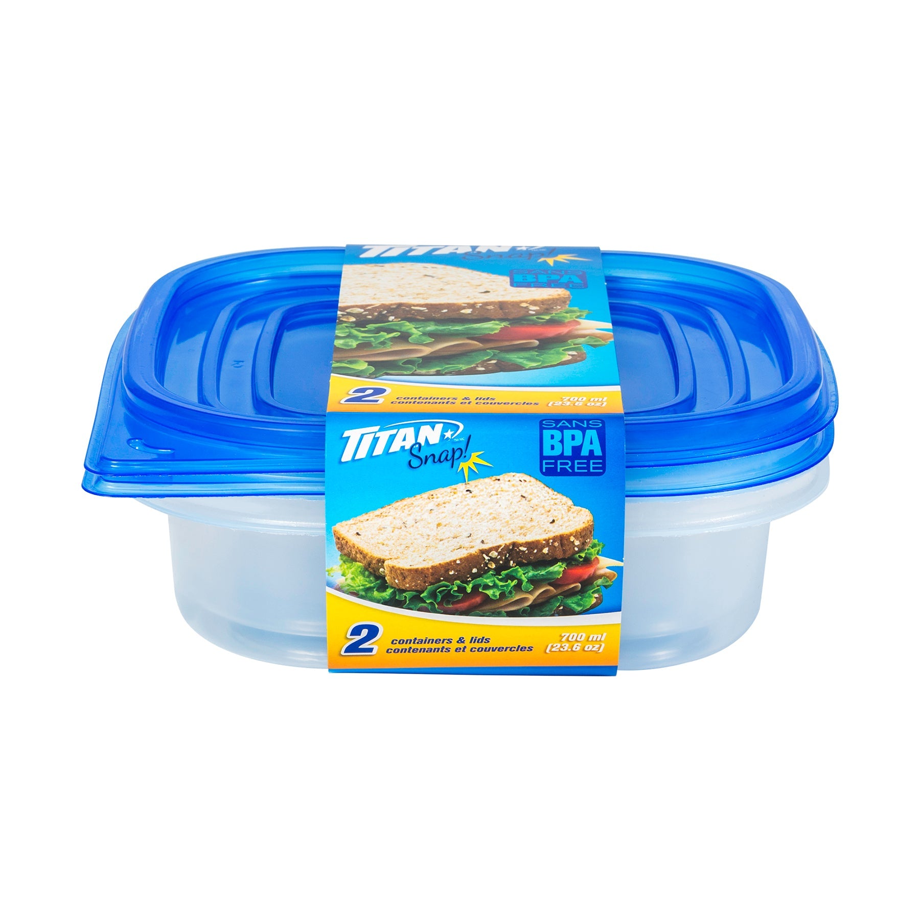 Titan Snap 2 Plastic Food Containers with Lid 23.6oz  5.75x5.75x1.75in