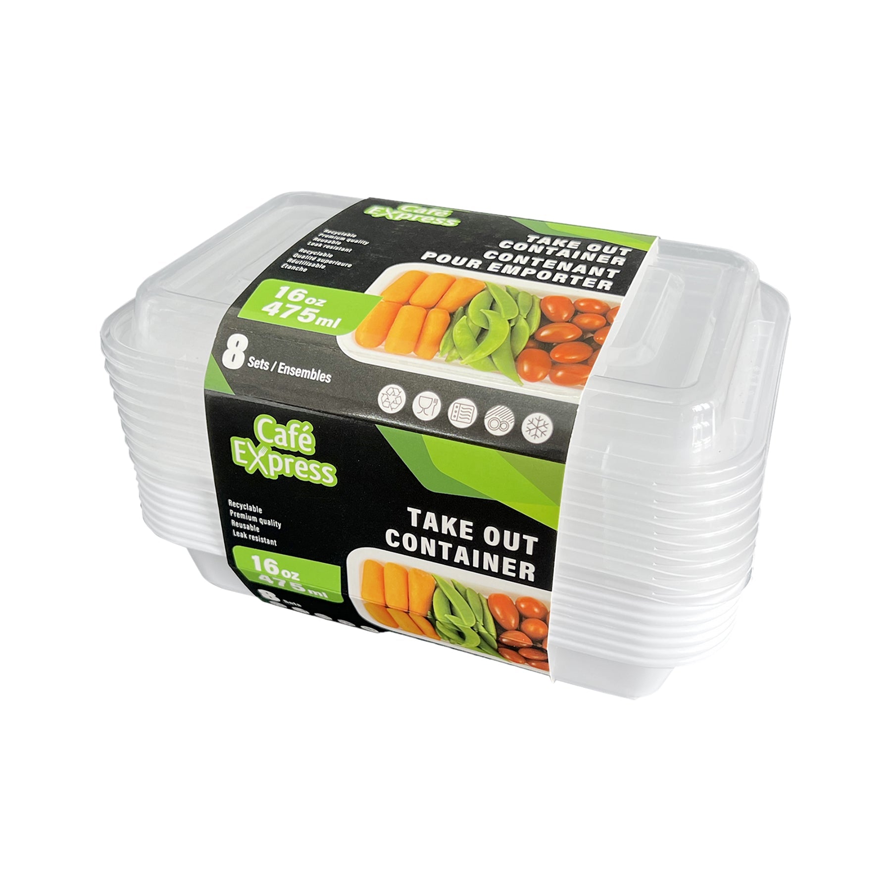 Café Express 8 Take Out Plastic Containers with Lid 16oz  6.5x4x1.5in