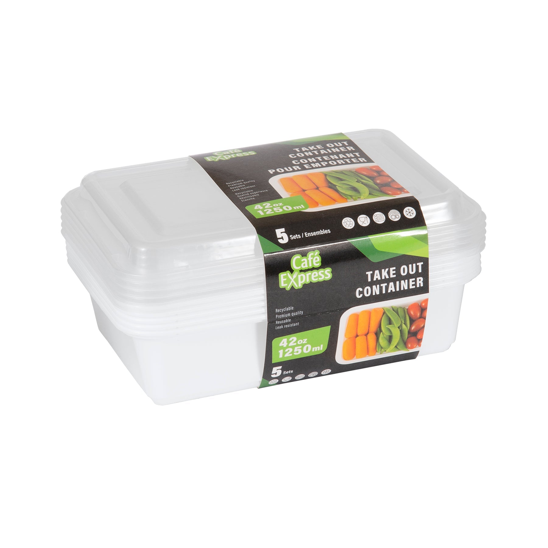 Café Express 5 Take Out Plastic Containers with Lid 42oz  7.75x5x2.25in