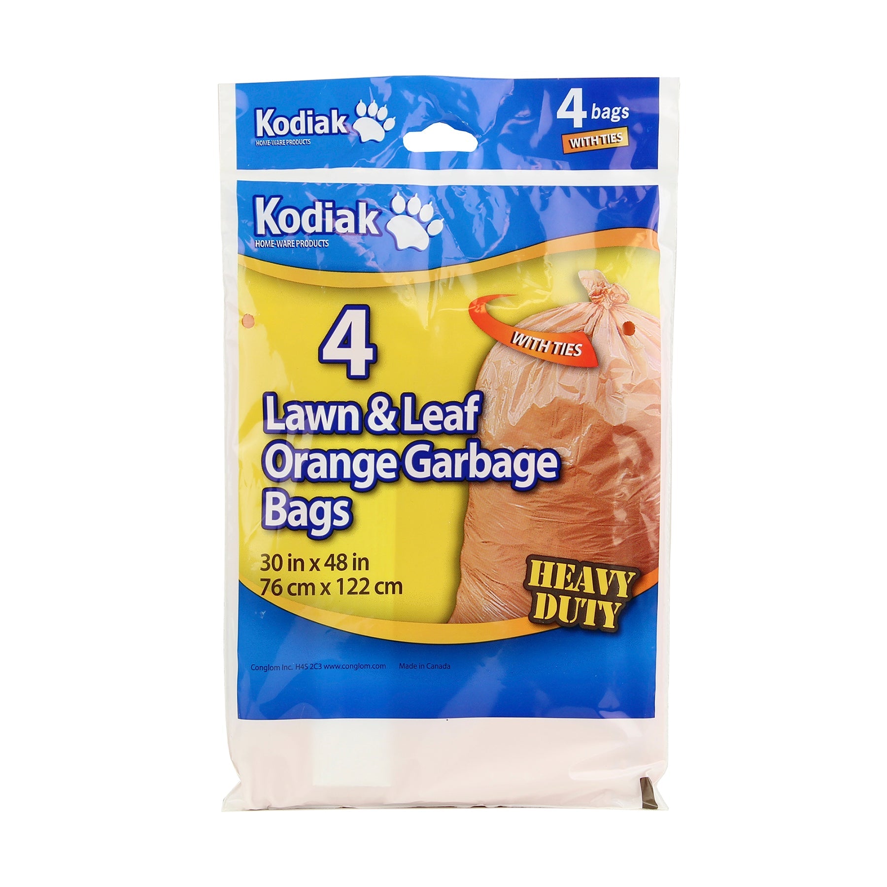 Kodiak 4 Lawn and Leaf Garbage Bags with Ties Orange Gauge 0.9mil 30x48in