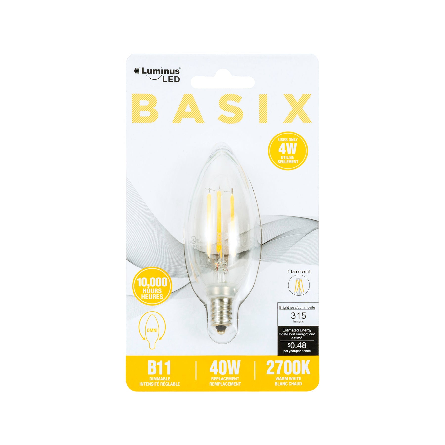 Luminus Led Basix Filament Light Bulb Warm White Base E12 B10 2700K 1.38x3.8in