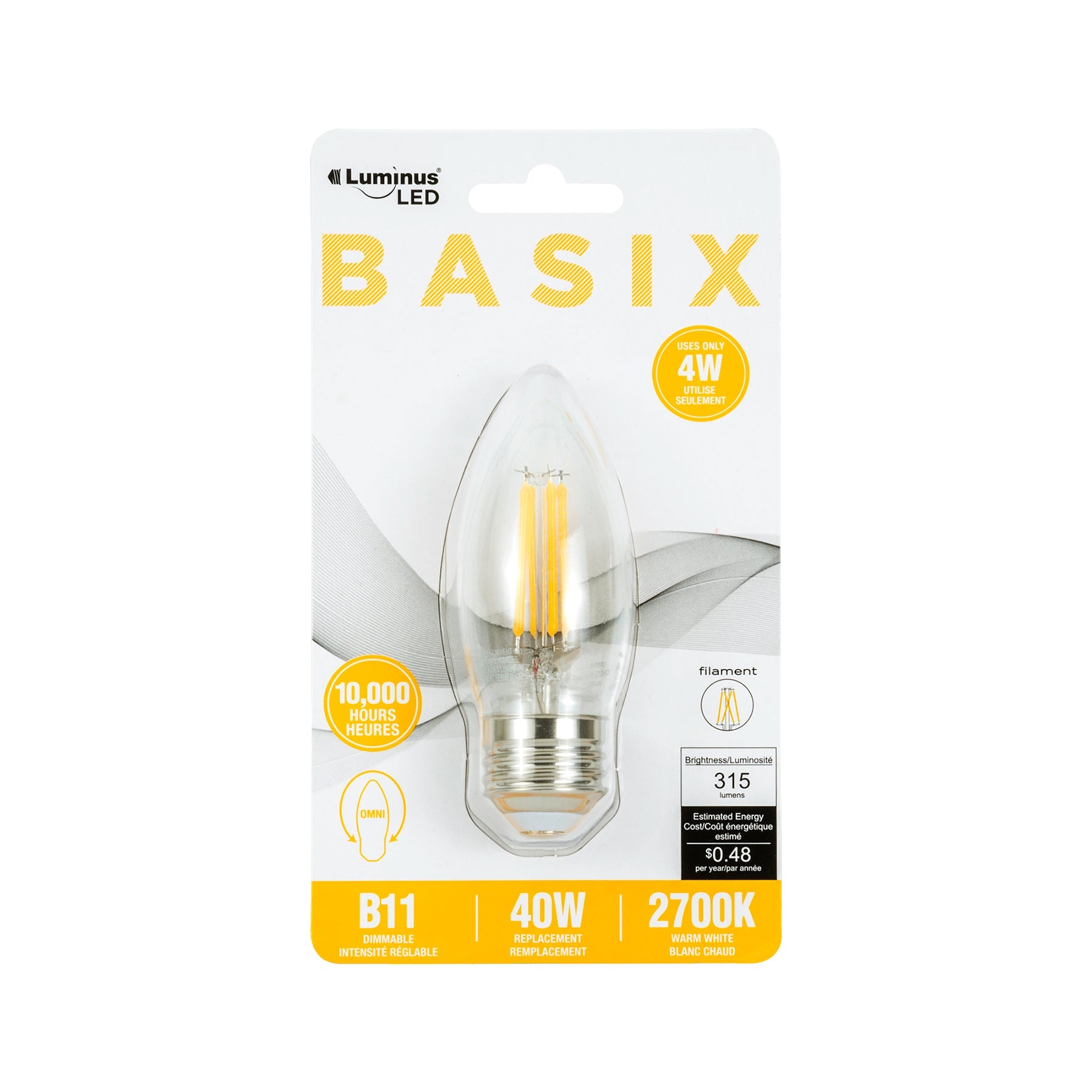 Luminus Led Basix Filament Light Bulb Warm White Base E26 B10 2700K 1.38x3.62in