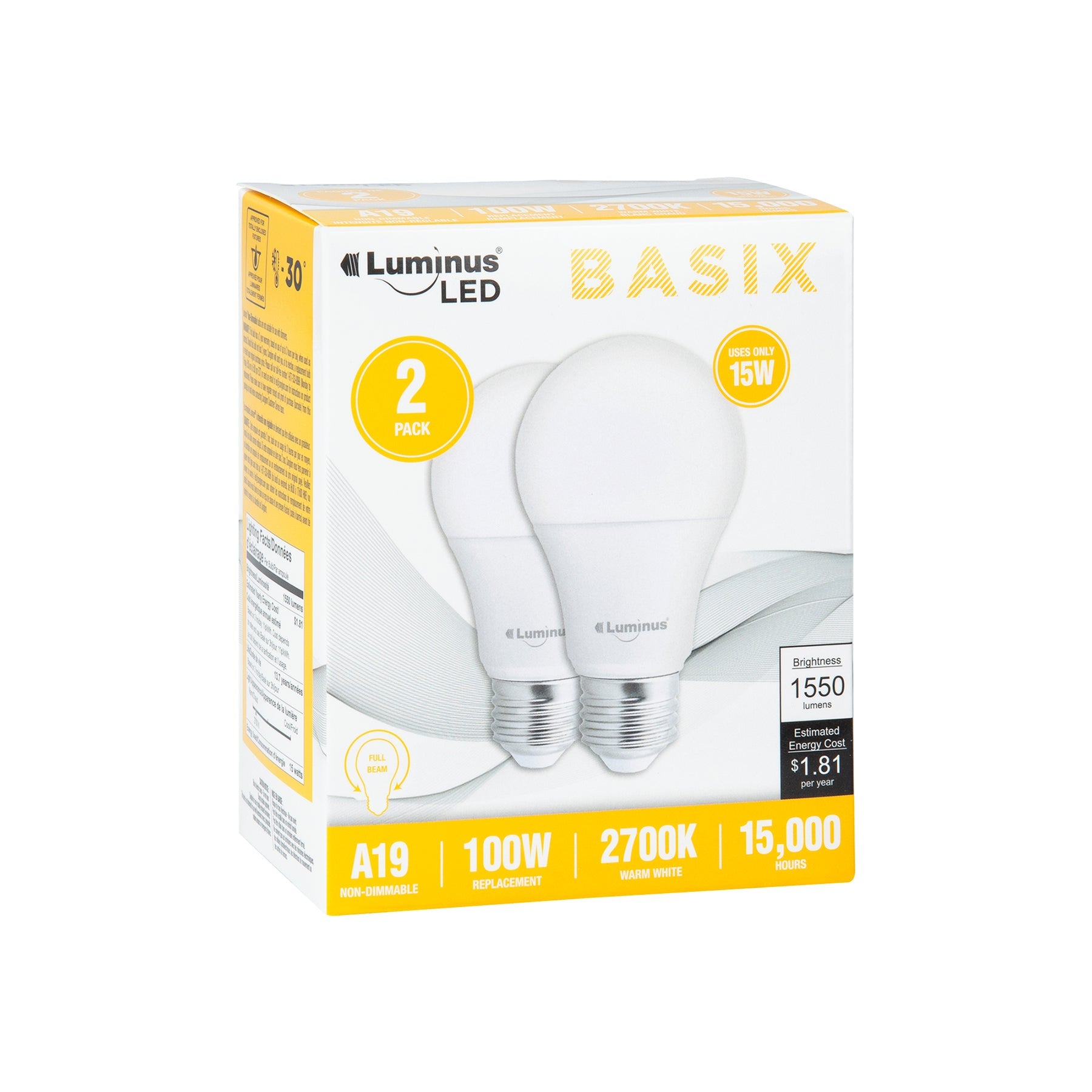 Luminus Led Basix 2pcs Light Bulbs Warm White A19 2700K