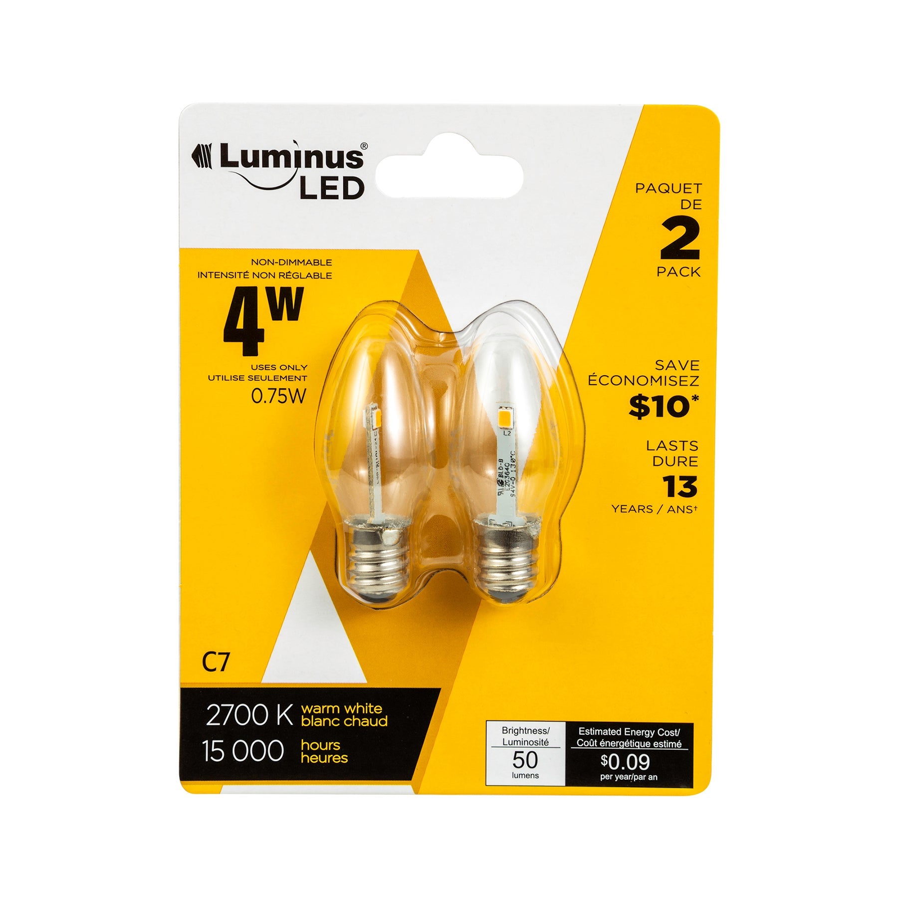 Luminus Led Basix 2pcs Light Bulbs Clear C7 2700K 0.8x1.9in