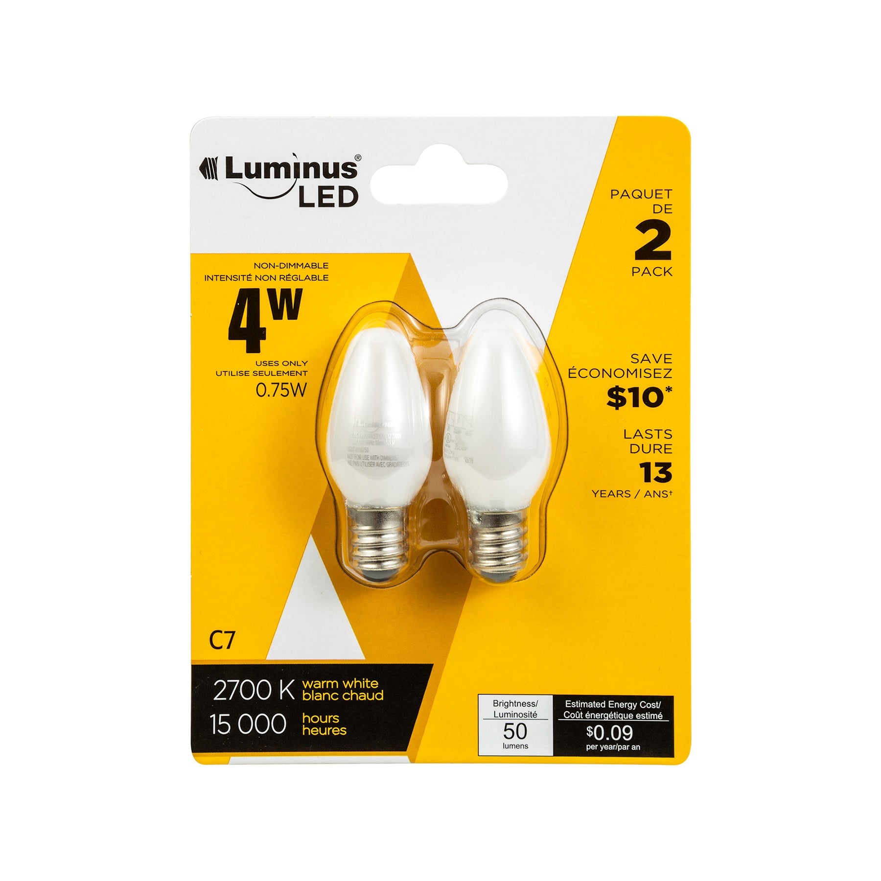 Luminus Led Basix 2pcs Light Bulbs White C7 2700K 0.8x1.9in