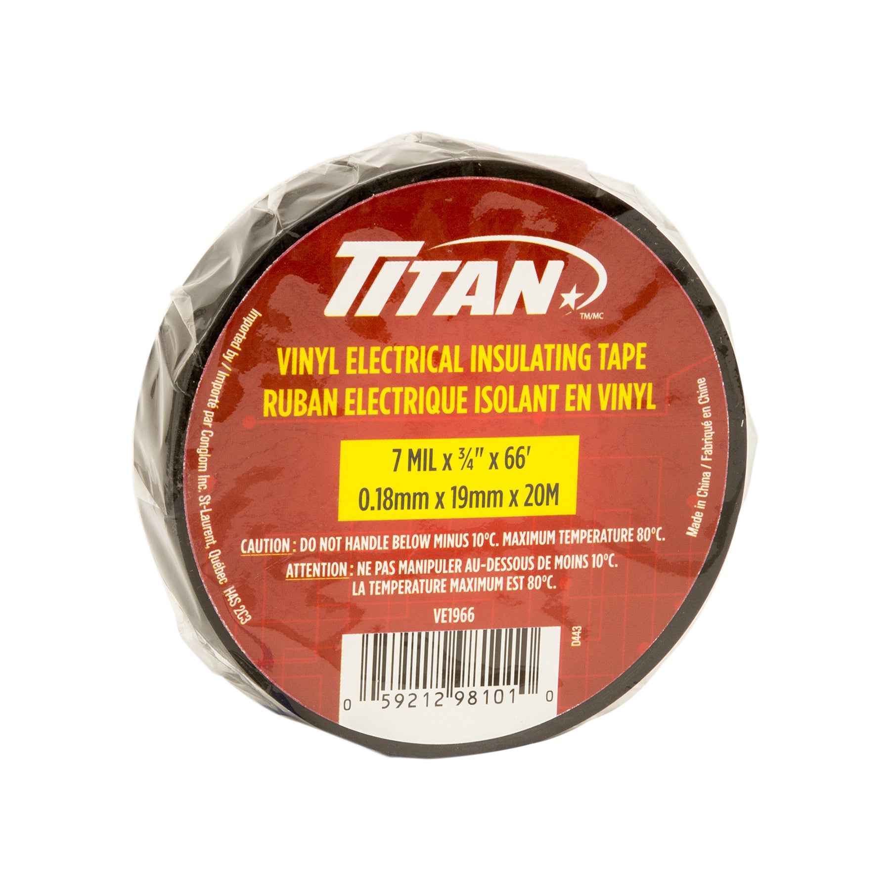 Titan PVC Electrical Tape Black 0.7in x 65.6ft (18mm x 20m) 