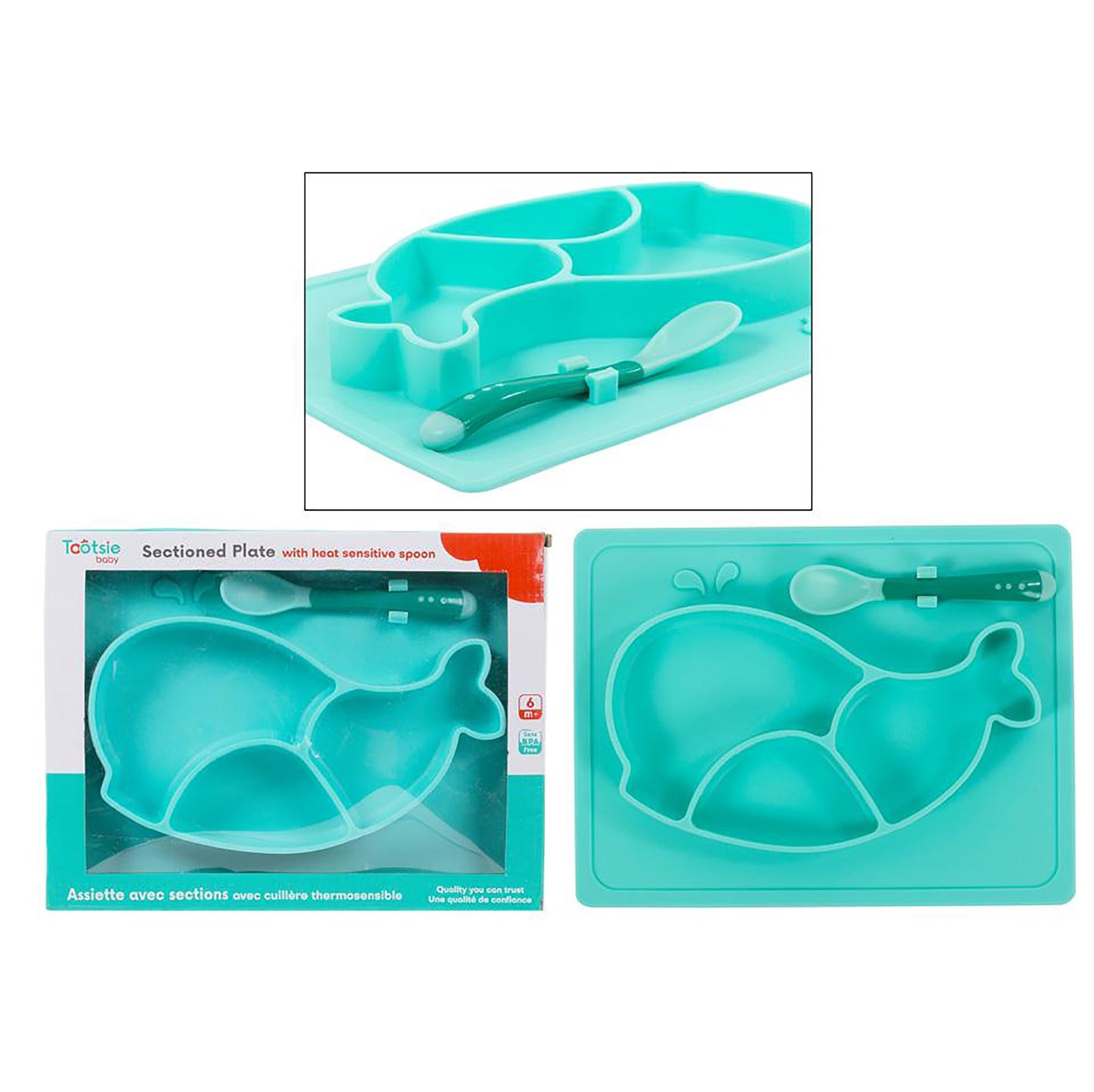 Tootsie Baby Plate Whale Sectioned with Spoon Silicone 9.8x7.5in