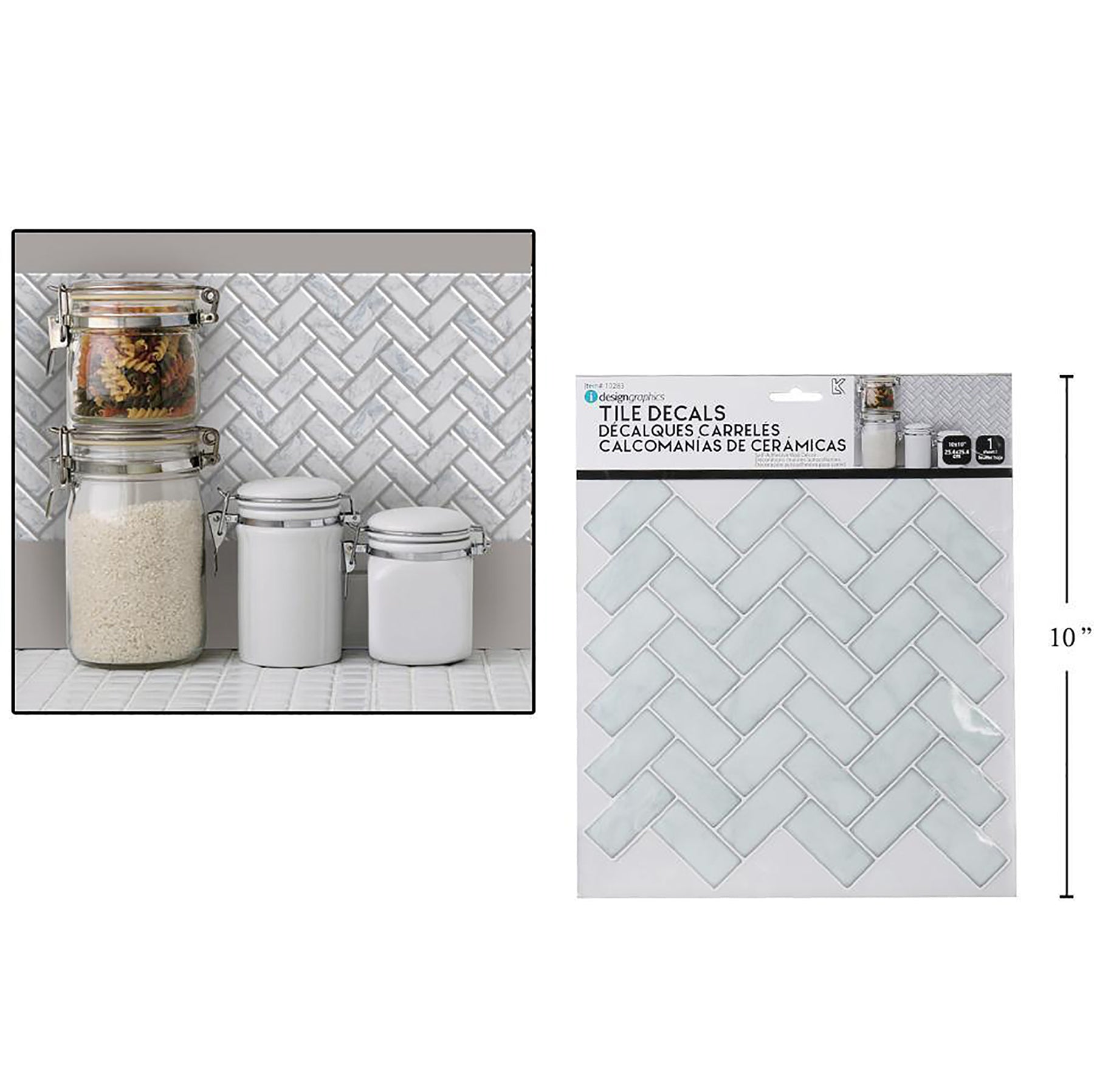 iDesign Wall Decals Herringbone Tile White Marble 10x10in