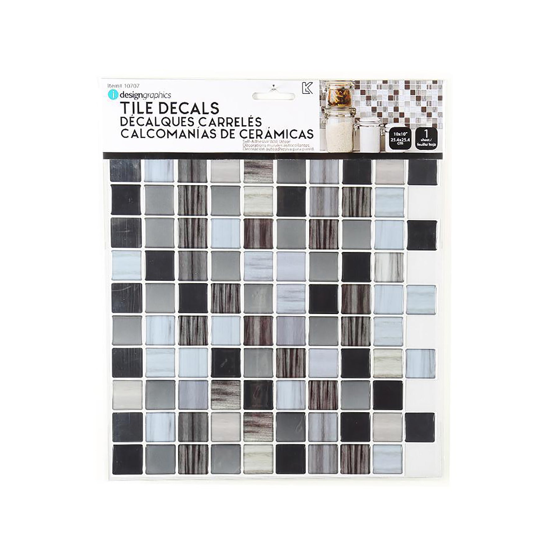iDesign Wall Decals Square Gloss Tile Grey Mottled 10x10in