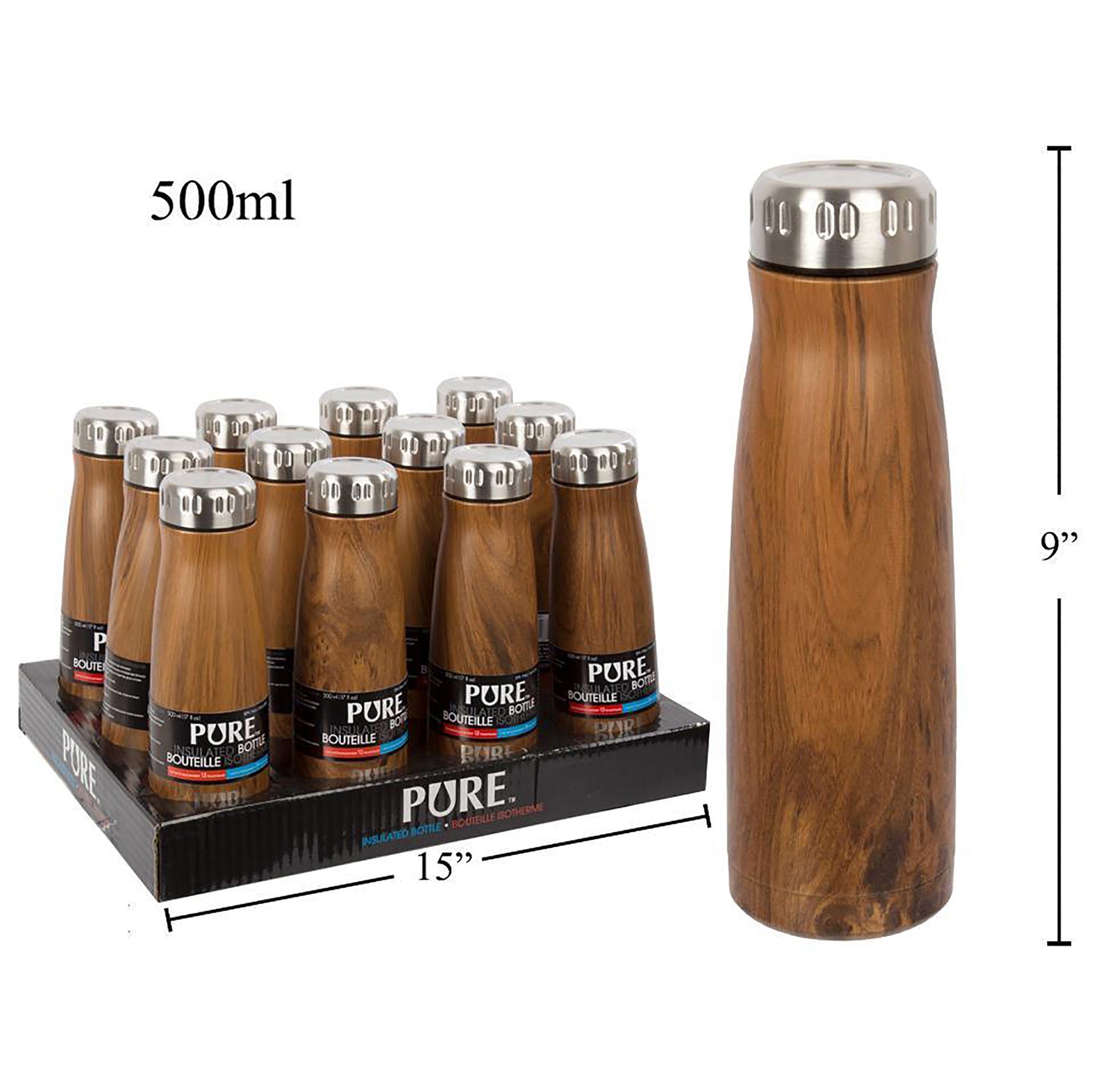 Pure Double Wall Bottle Stainless Steel Wood Print 16.9oz