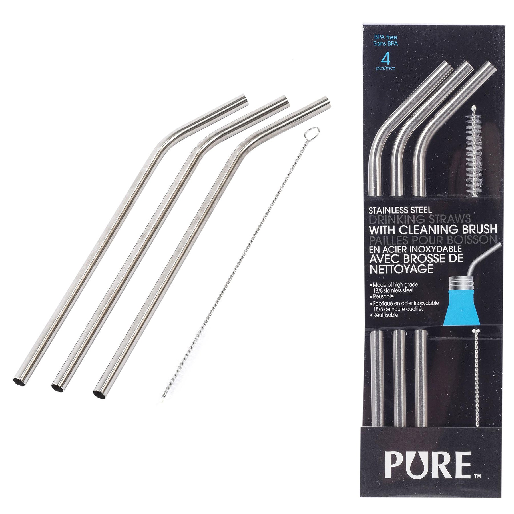 Pure 3 Curved Straws with Brush Stainless Steel 9.25in