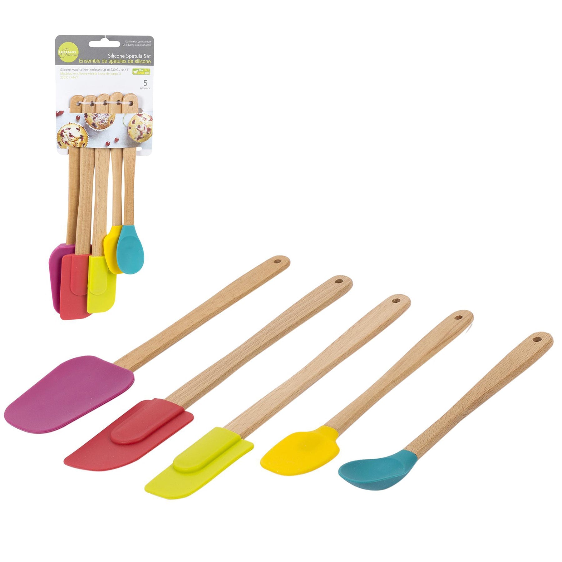 Luciano Gourmet 5 Silicone Spatulas with Wood Handle 8in to 10.2in