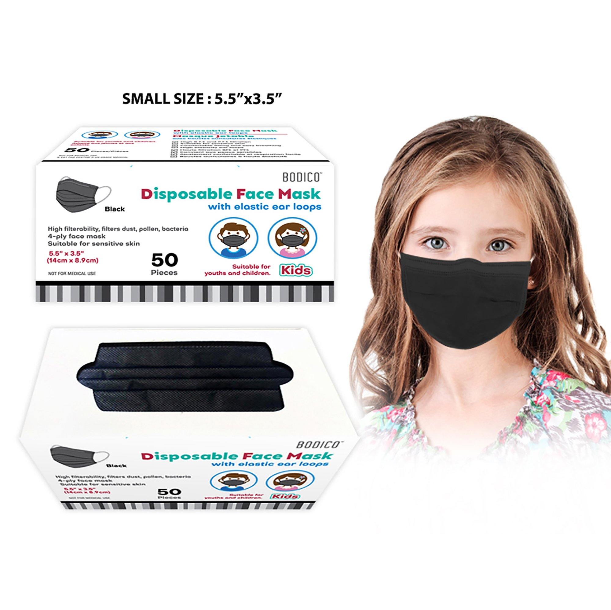 50-Pack 4-Ply Kids Disposable Face Mask - Black - Children Size 5.5" x 3.5" - Dollar Max Depot