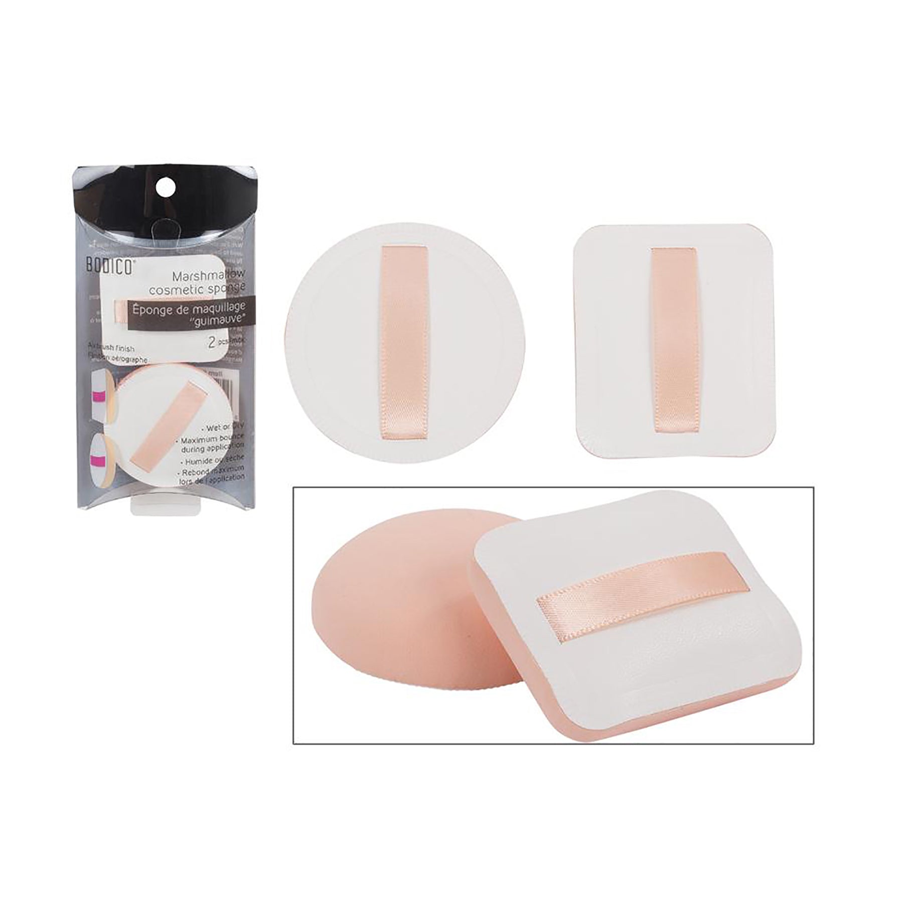 Bodico 2 Cosmetic Sponges Marshmallow Round 2.25in Square 2x1.75in