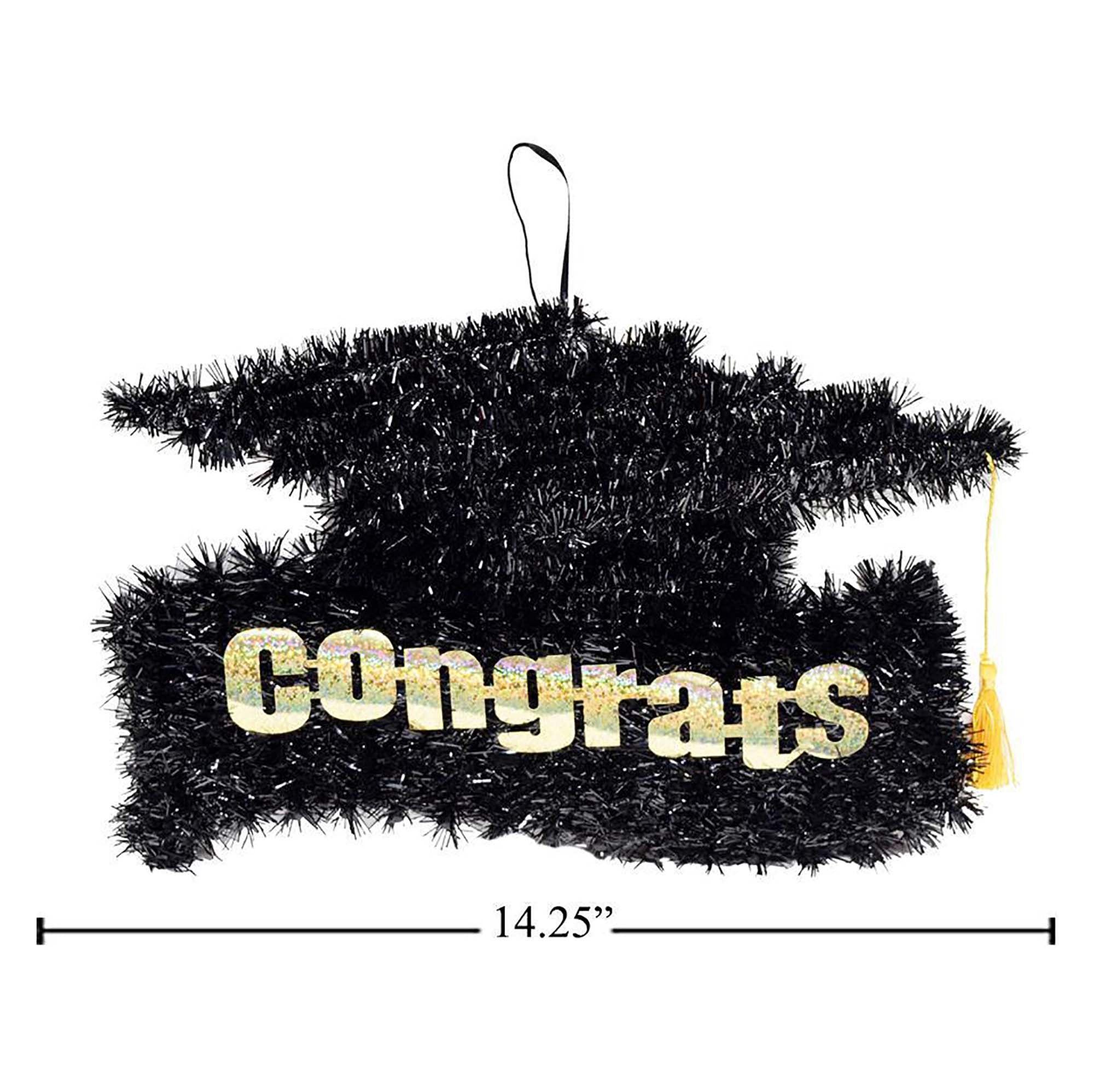 Graduation Black Tinsel Congrats Cap Decor 14.25x8.7in