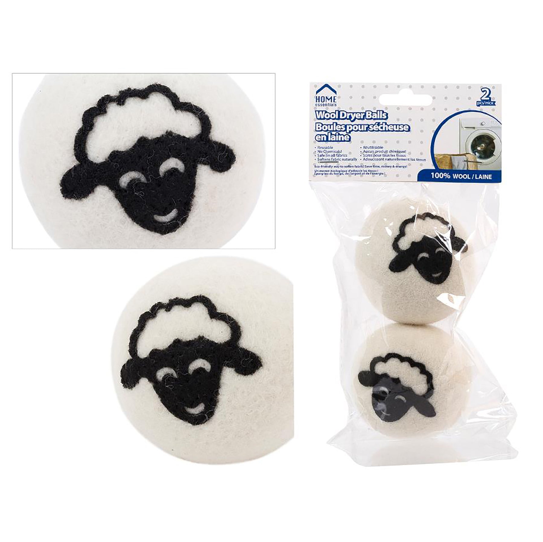 Home Essentials 2 Dryer Balls 100% Wool Sheep Print 3in dia. each