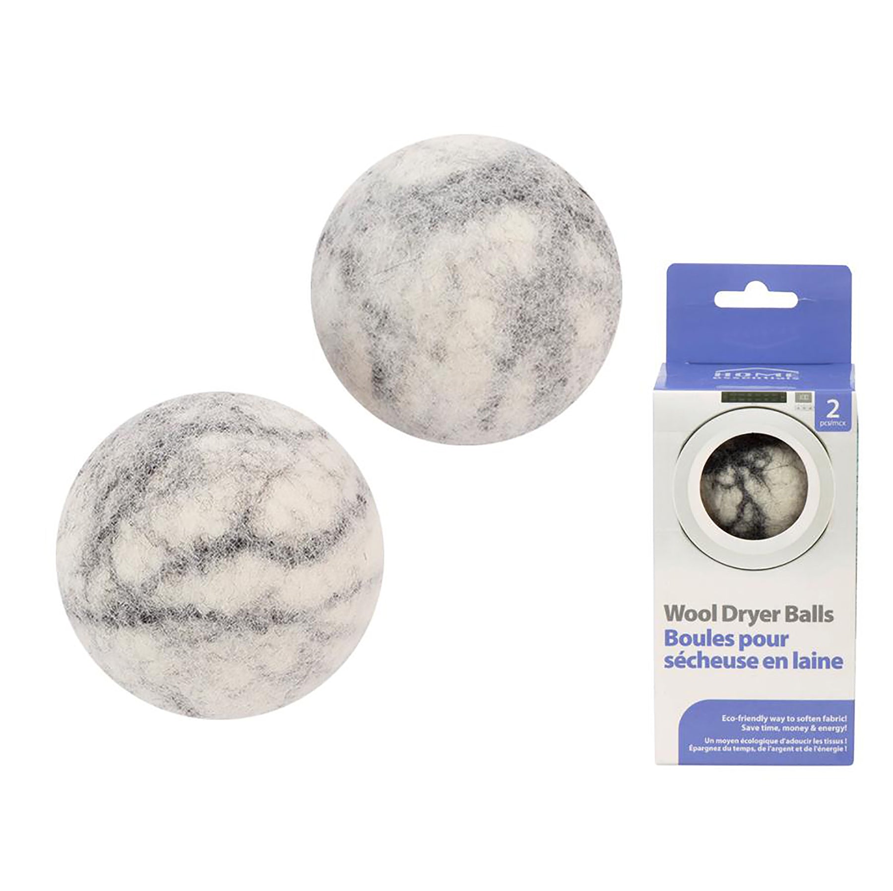 Home Essentials 2 Dryer Balls 100% Wool Grey Marble 2.75in each