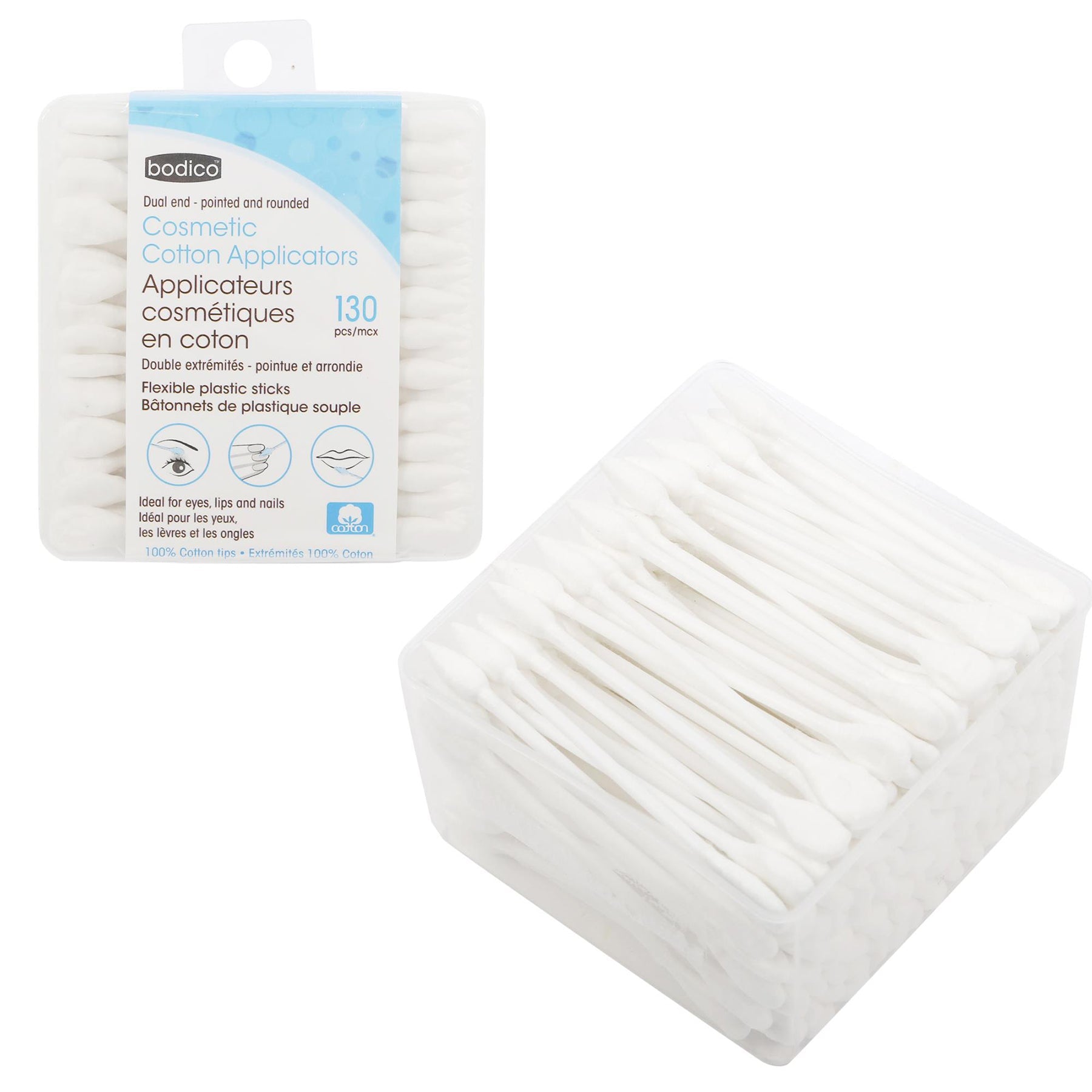 Bodico 130 Cosmetic Cotton Swabs in Plastic Box 3.5x3.5x2in
