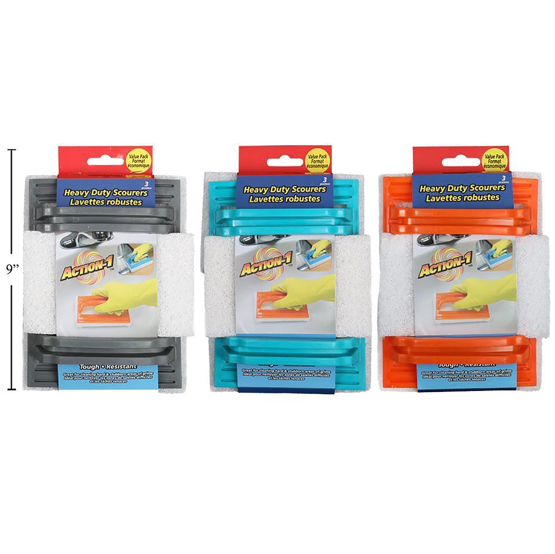 Action-1 3 Scrub Scourers with Plastic Handle 6x3.5x0.8in