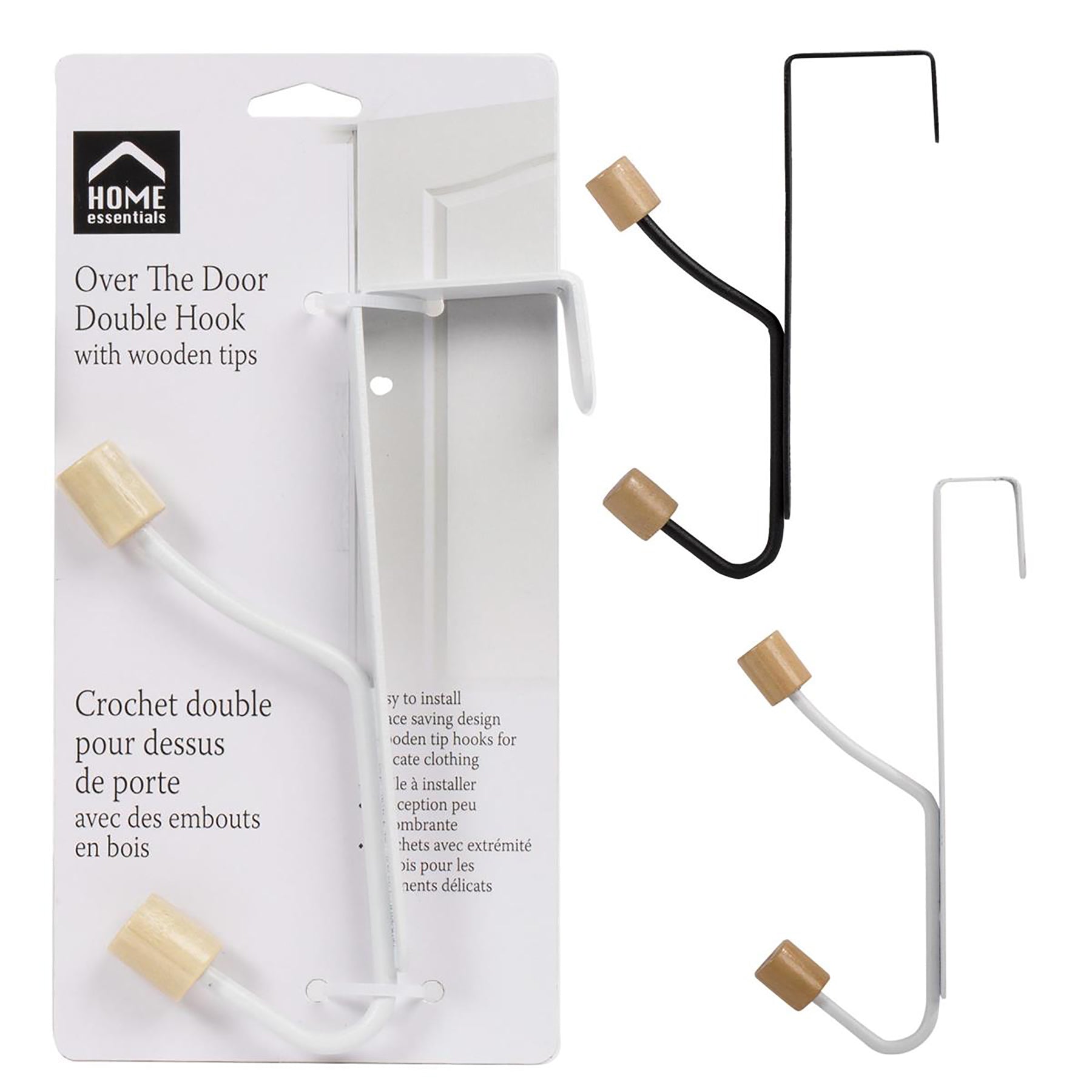 Home Essentials Over the Door Double Hook with Wooden Tips 