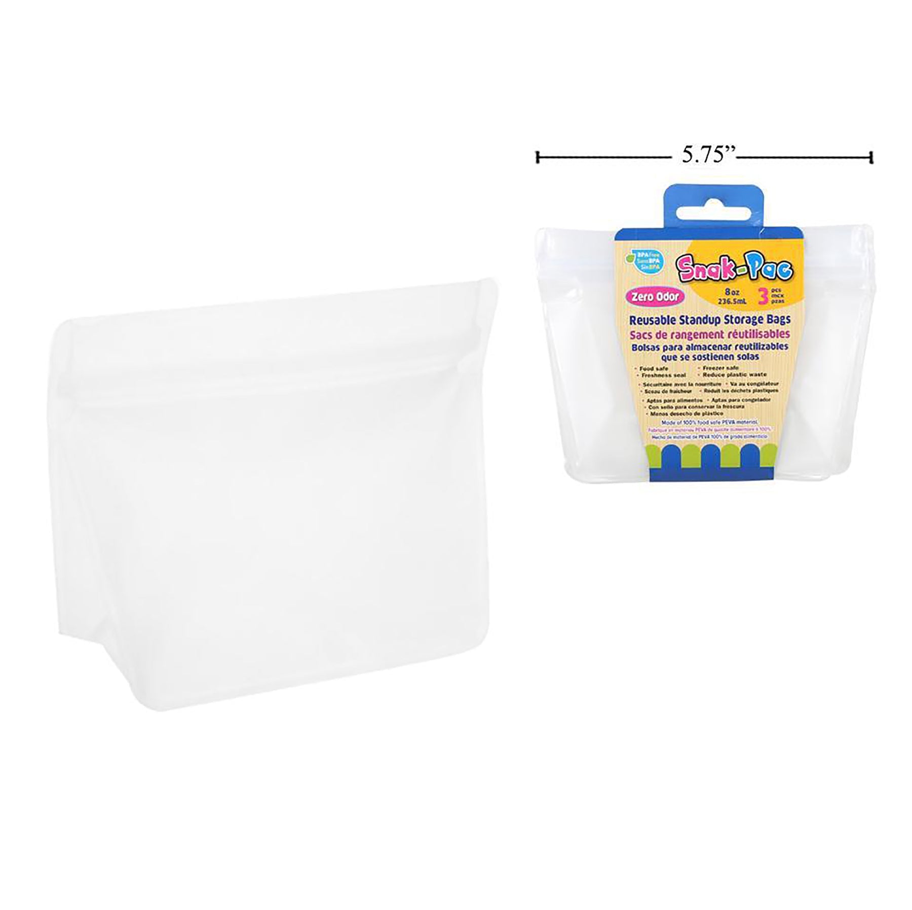 Snak-Pac 3 Reusable Standup Storage Bags 8oz  4.4x5.6in
