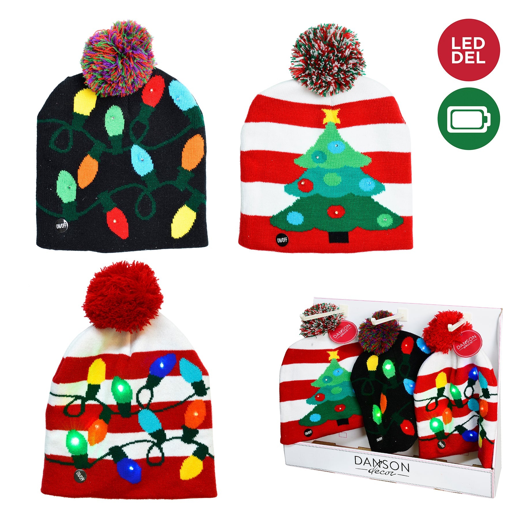 Christmas Light-up Fabric Winter Hat with Pom Poms 6 Lights