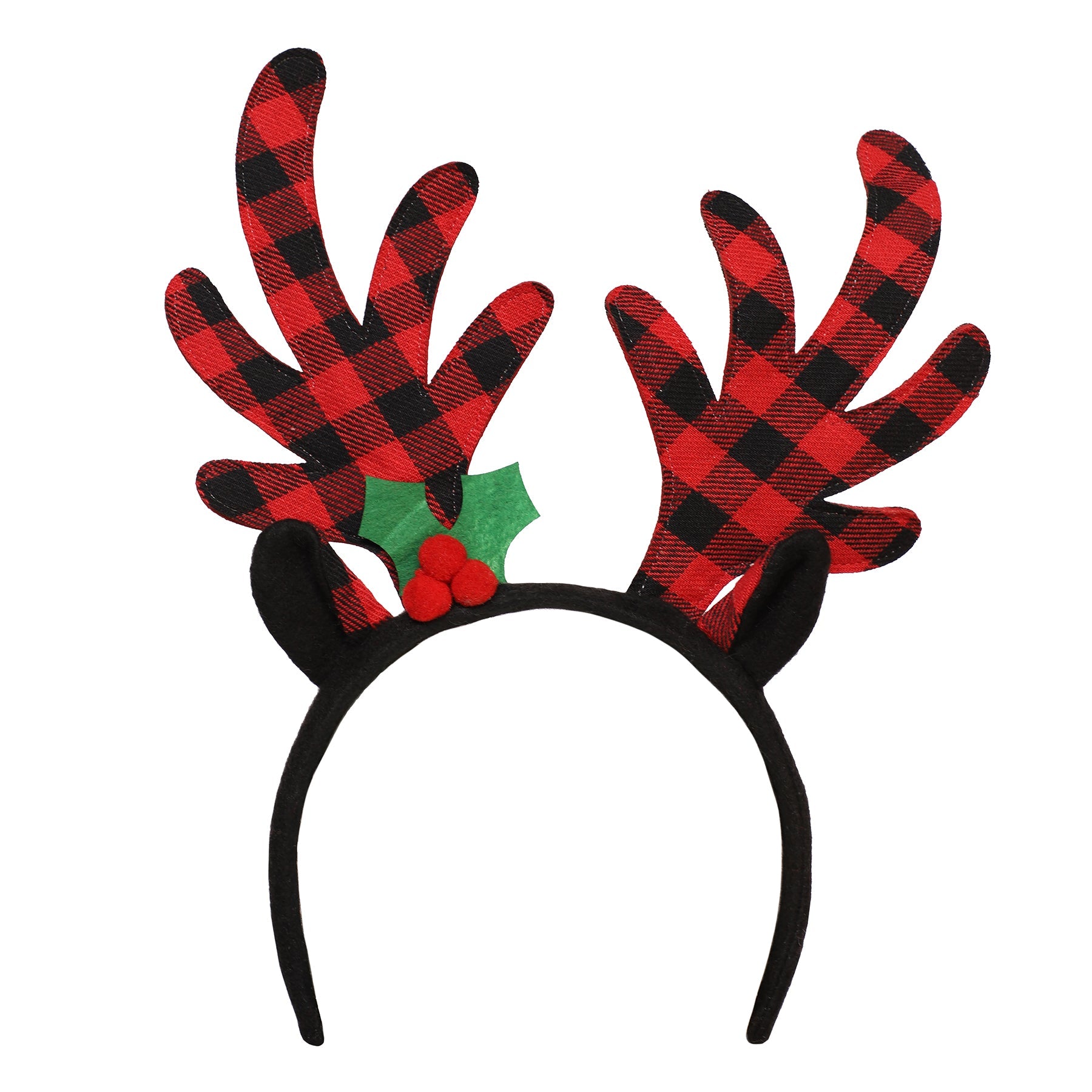 Christmas Checkered Antler Headband with Ears Red and Black 11x12in