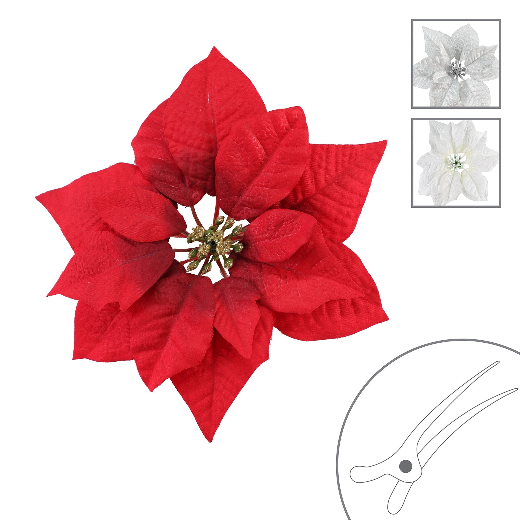 Christmas Poinsettia Head on Clip 9in